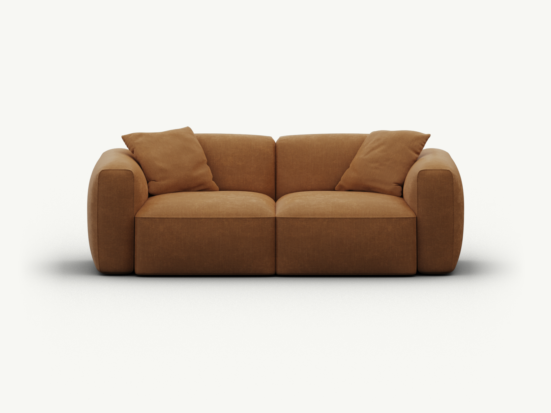 Luxurious two-seater sofa in rich tan velvet, featuring plush cushions and rounded armrests. Set in a minimalist space, conveying modern sophistication.
