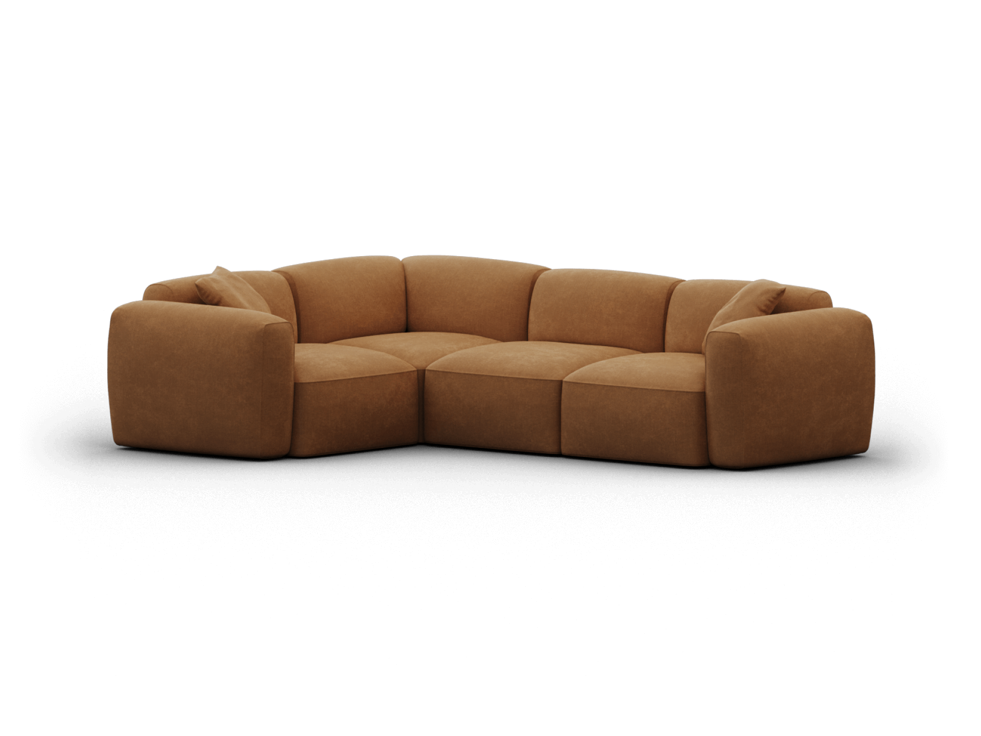 Luxurious brown leather modular sofa, featuring plush cubic cushions and rounded armrests. Perfect for a sophisticated living room setting.