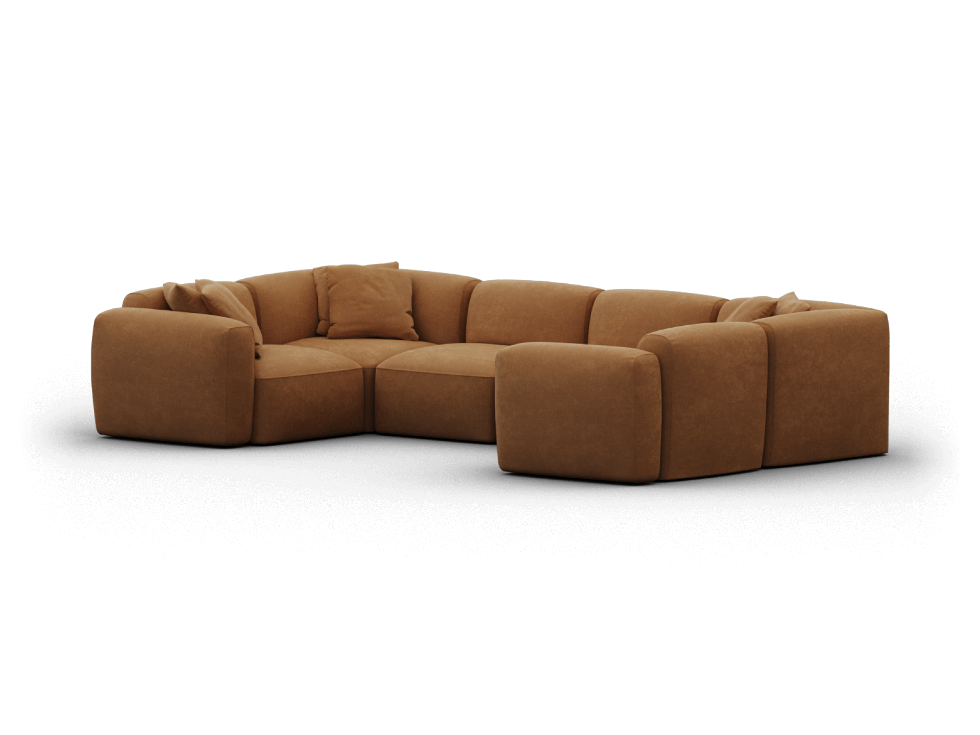 Luxurious L-shaped sectional sofa in rich caramel fabric, featuring plush, deep cushions and a modern silhouette, perfect for an elegant living area.