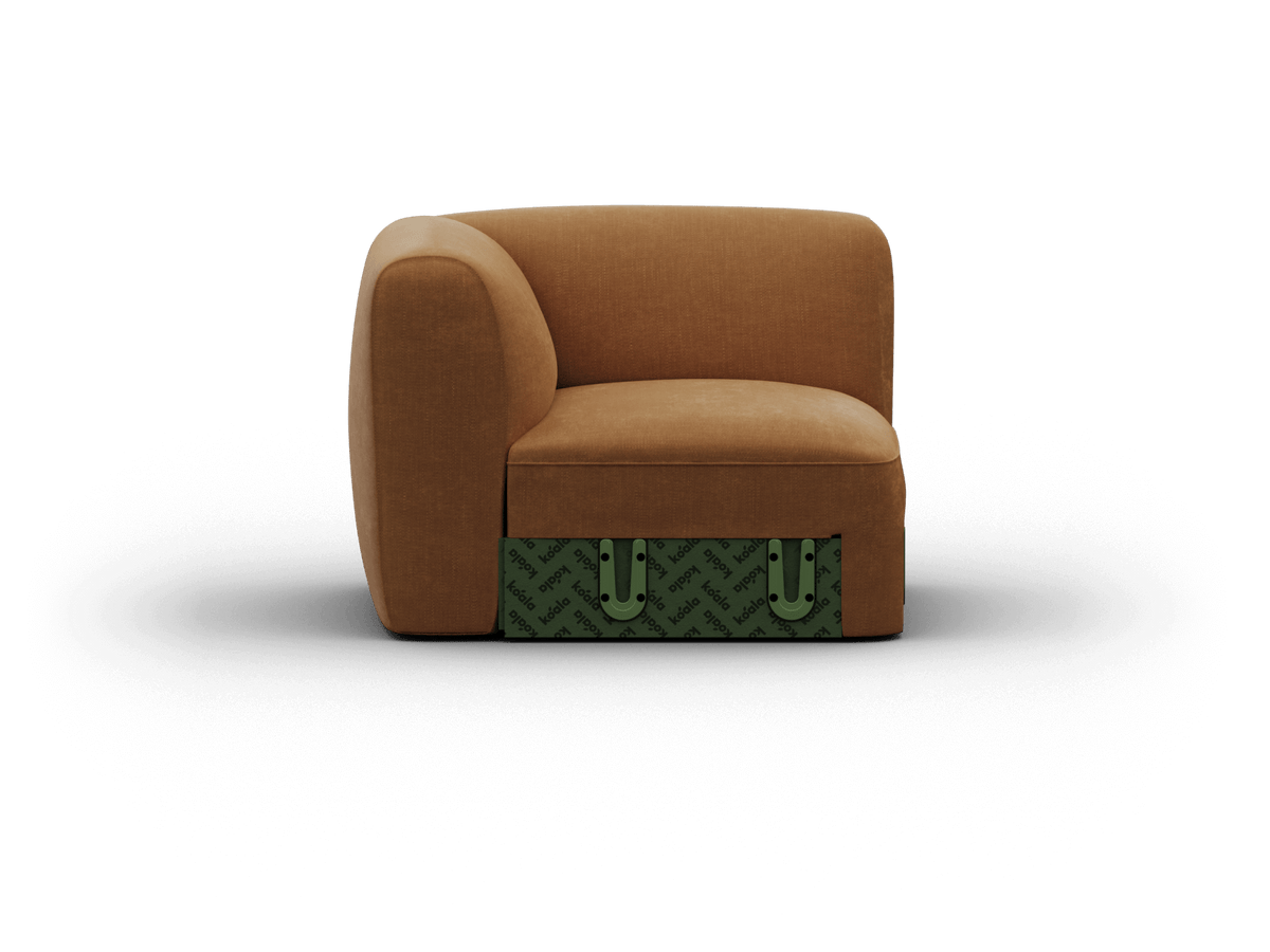 Contemporary corner armchair featuring a plush brown fabric, curved silhouette, and unique green patterned base. Perfect for upscale living spaces.