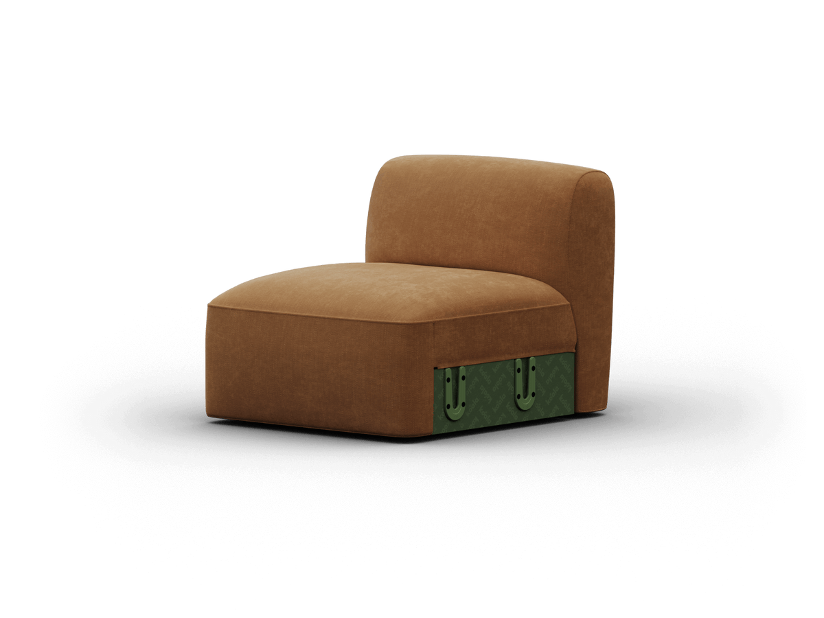 Brown armless armchair upholstered in rich fabric, featuring green drawer accents and metal handles. Perfect for a modern, sophisticated living room.
