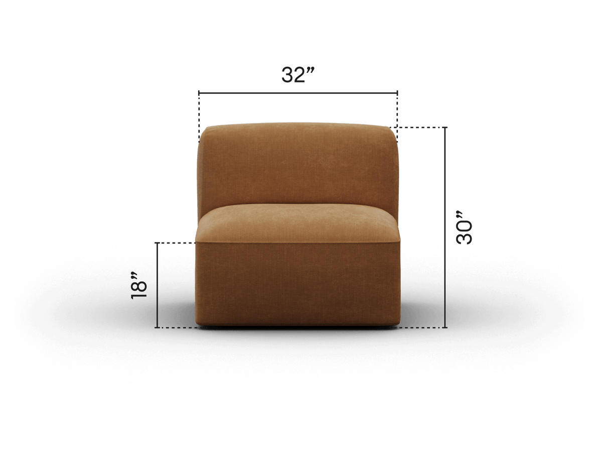Armless lounge chair in rich tan fabric, featuring a minimalist silhouette with plush cushioning. Ideal for contemporary living spaces.