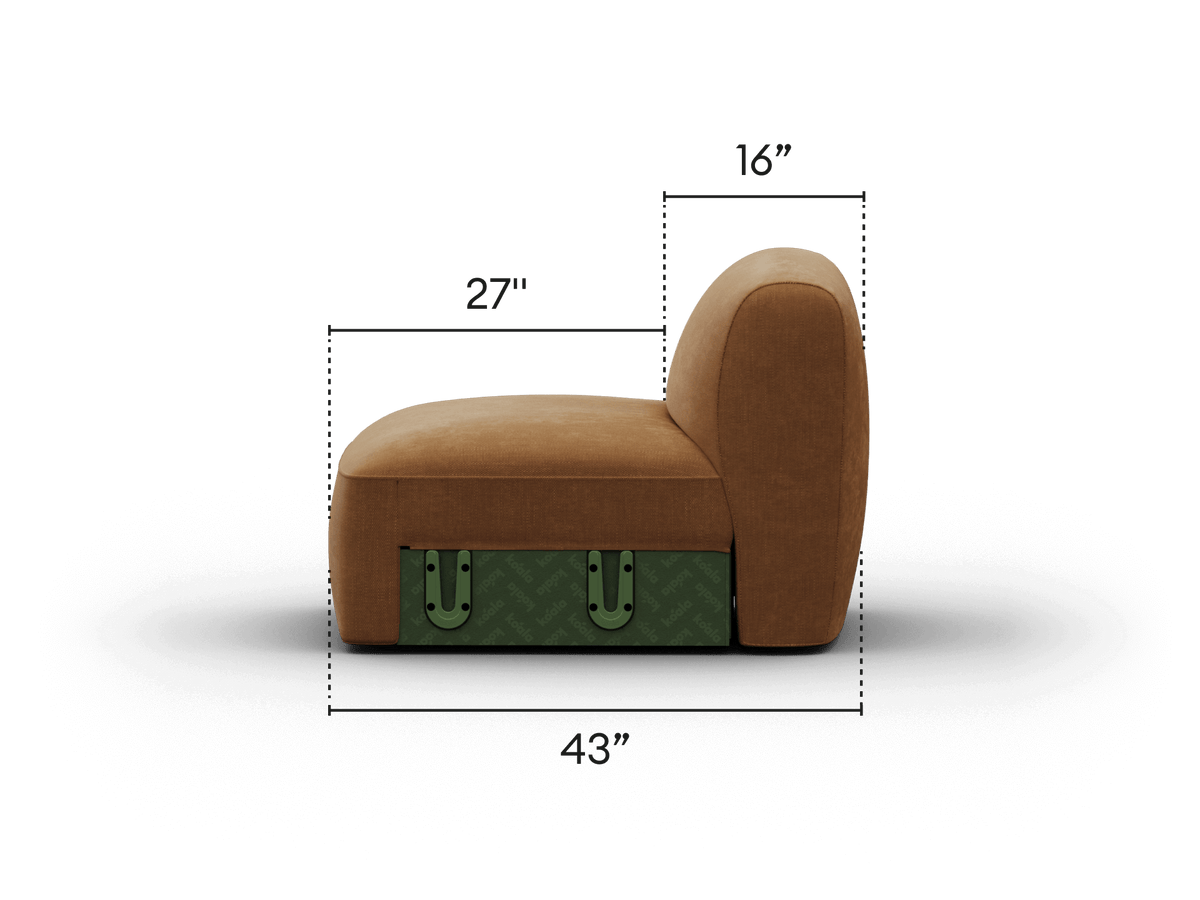 Modern armless sofa chair with camel upholstery and hidden green storage base, featuring clean lines and plush cushioning; perfect for luxe living spaces.