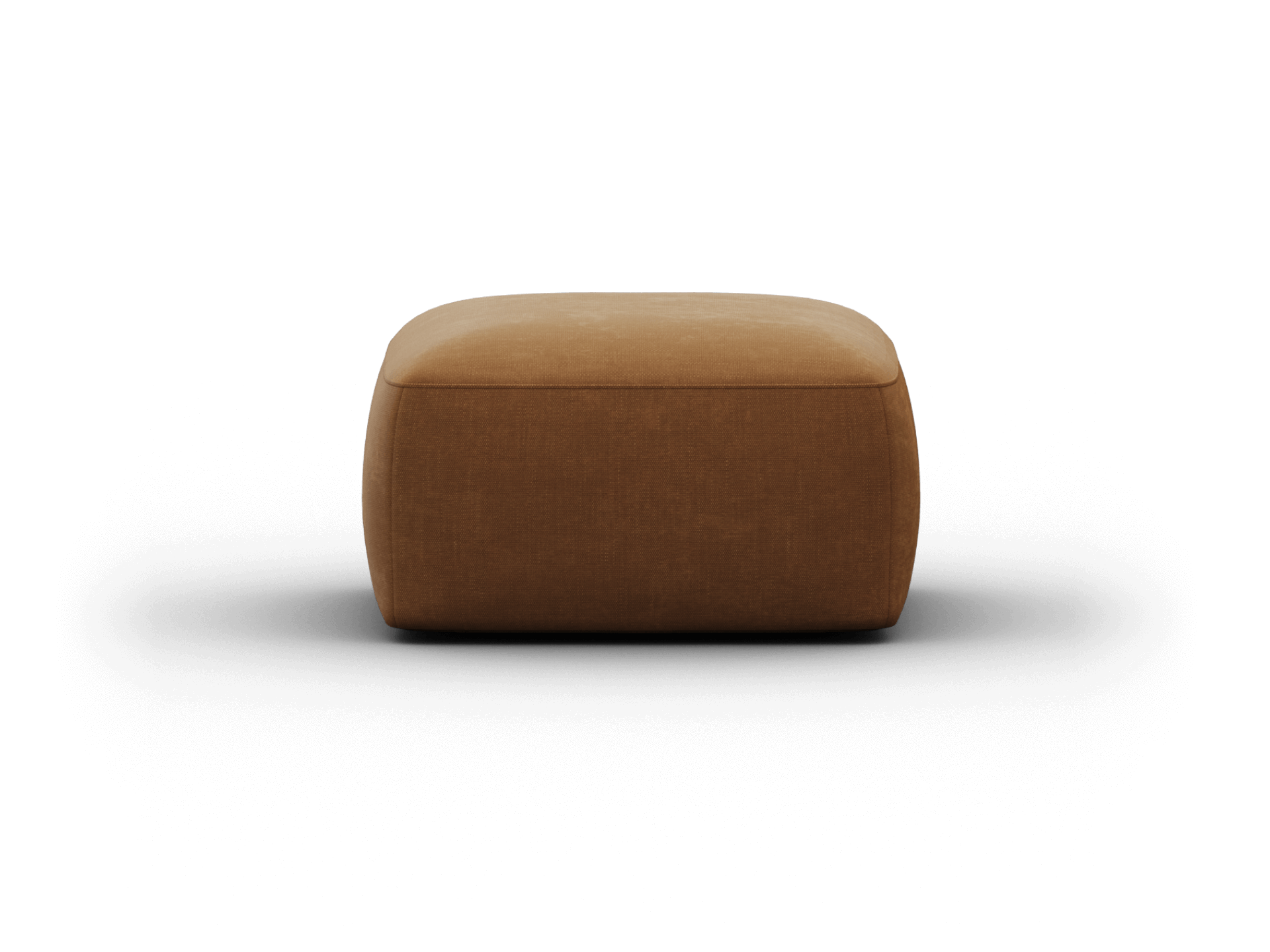 Elegant brown fabric ottoman with a plush, rounded design. Upholstered in premium linen, ideal for a modern living room setting.