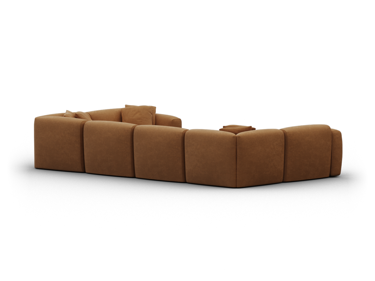 Luxurious brown leather modular sectional, featuring plush cushioning and sleek lines, ideal for contemporary living spaces.