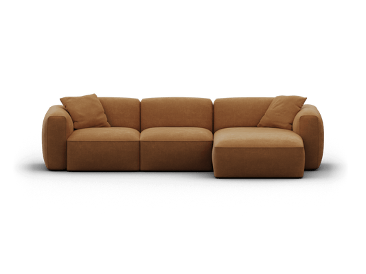 Luxurious caramel fabric modular sofa with deep seats and plush cushions. Features a chaise lounge, perfect for modern living rooms.