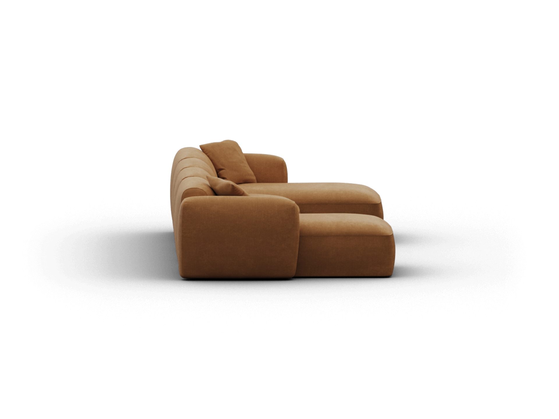 Contemporary caramel sectional sofa, upholstered in plush fabric, featuring deep seats and rounded edges. Ideal for modern living spaces.