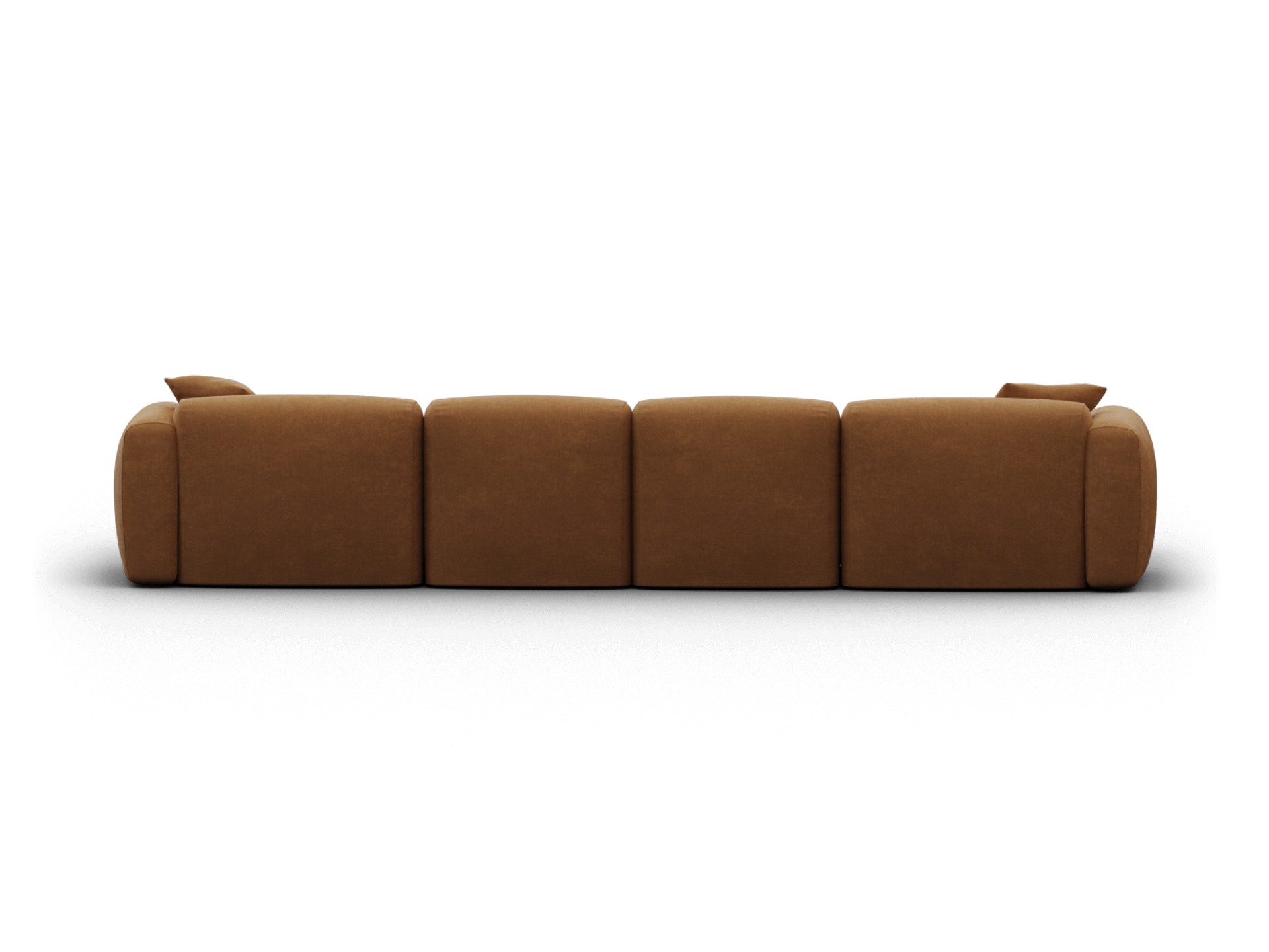 Modern tan leather sectional sofa with adjustable headrests and plush cushioning. Elegant minimalist design, perfect for upscale living spaces.