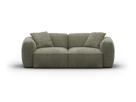 Plush grey fabric sofa with rounded arms, deep seats, and two matching cushions. Modern design, ideal for a sleek living room setting.