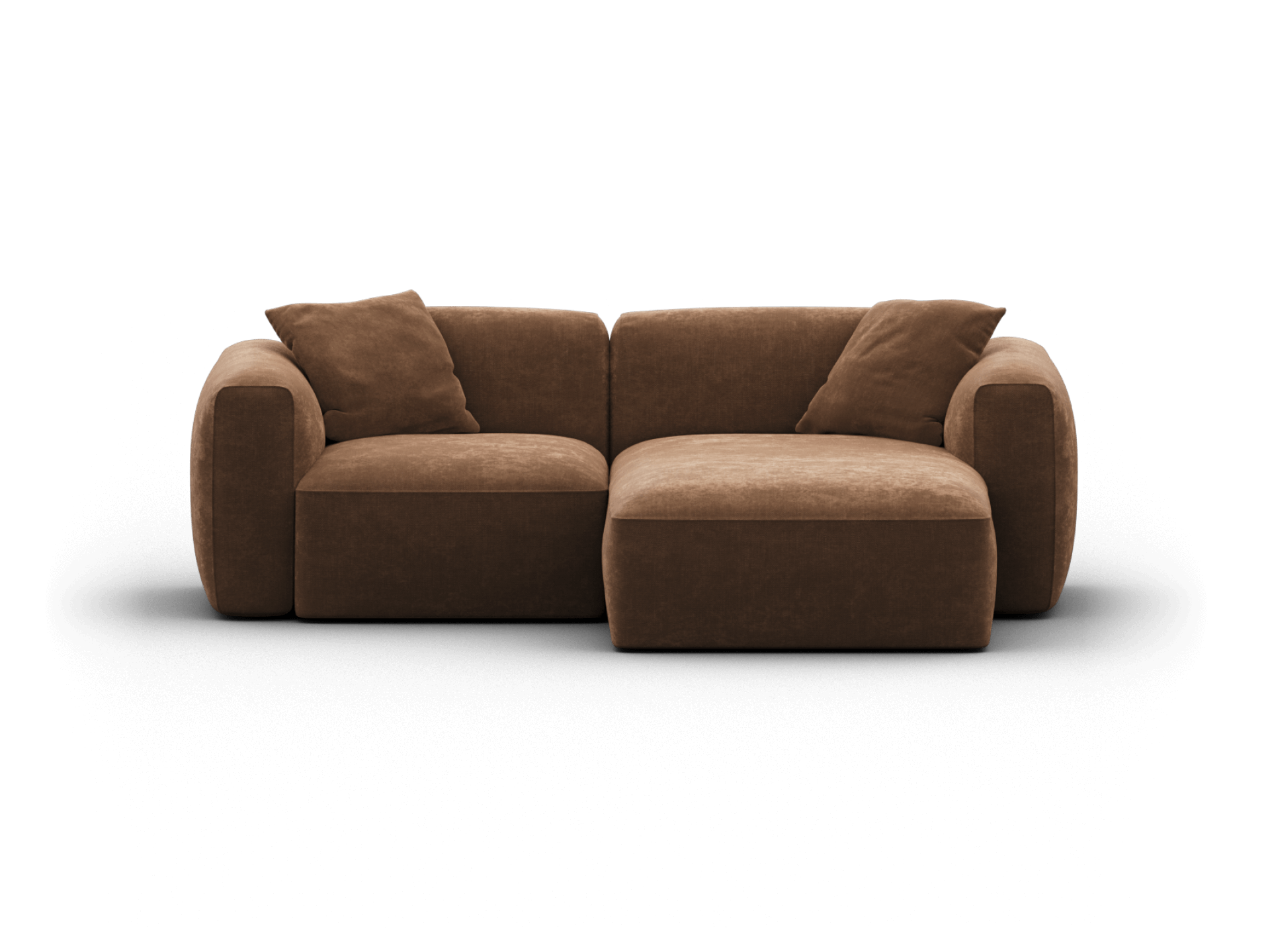 Luxurious brown velvet sofa with a modern, modular design. Features plush cushions and rounded armrests. Ideal for sophisticated living spaces.