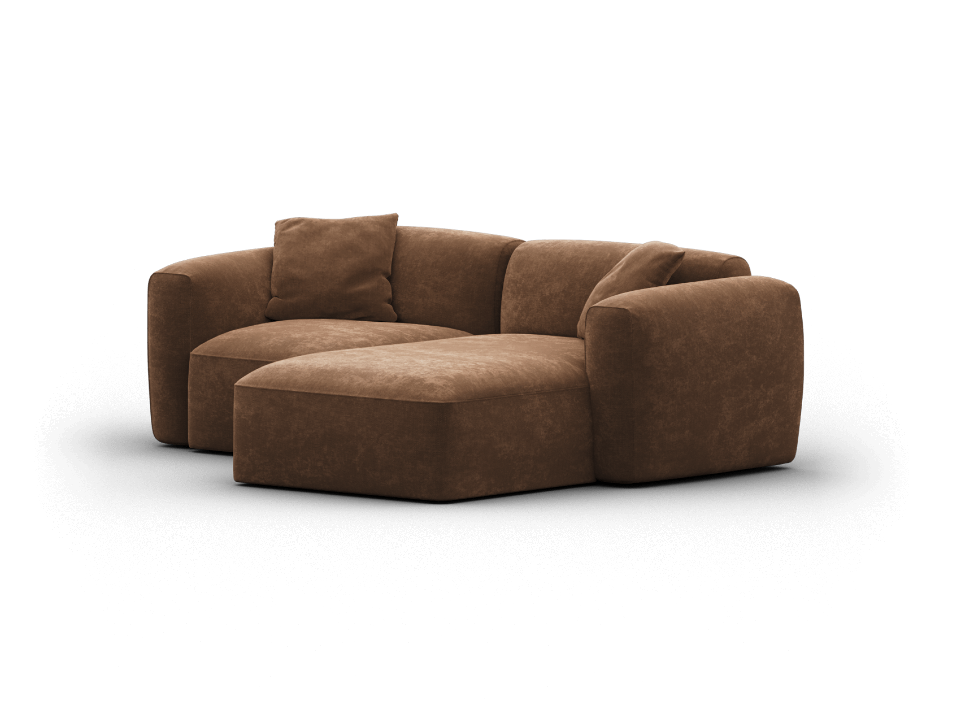 Elegant brown suede sectional sofa with plush cushions, showcasing a curved design. Ideal for modern living spaces, offering luxurious comfort and style.