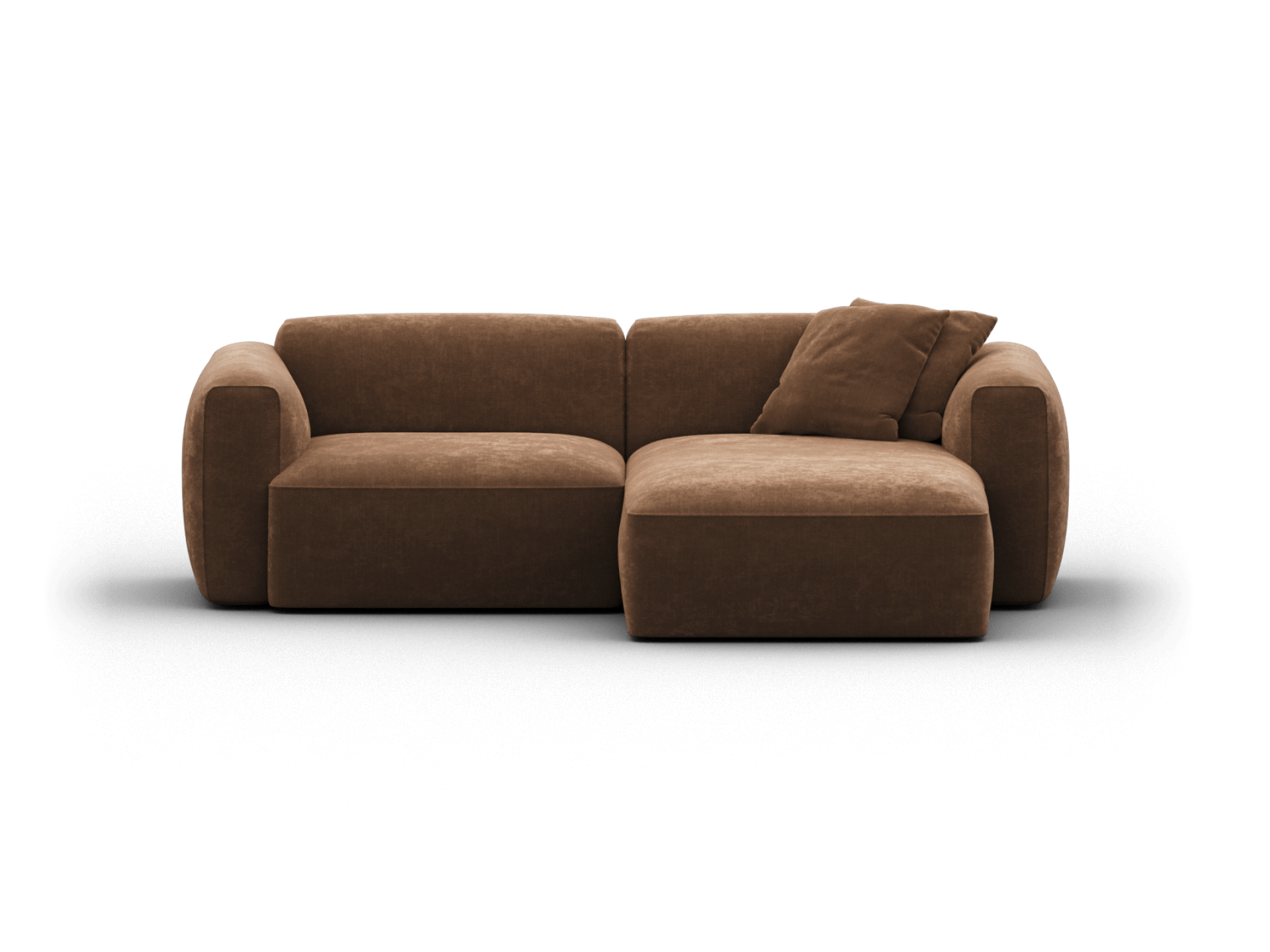 Luxurious brown suede sectional sofa with plush cushions, featuring a rounded arm design and chaise lounge. Perfect for a modern living room setting.