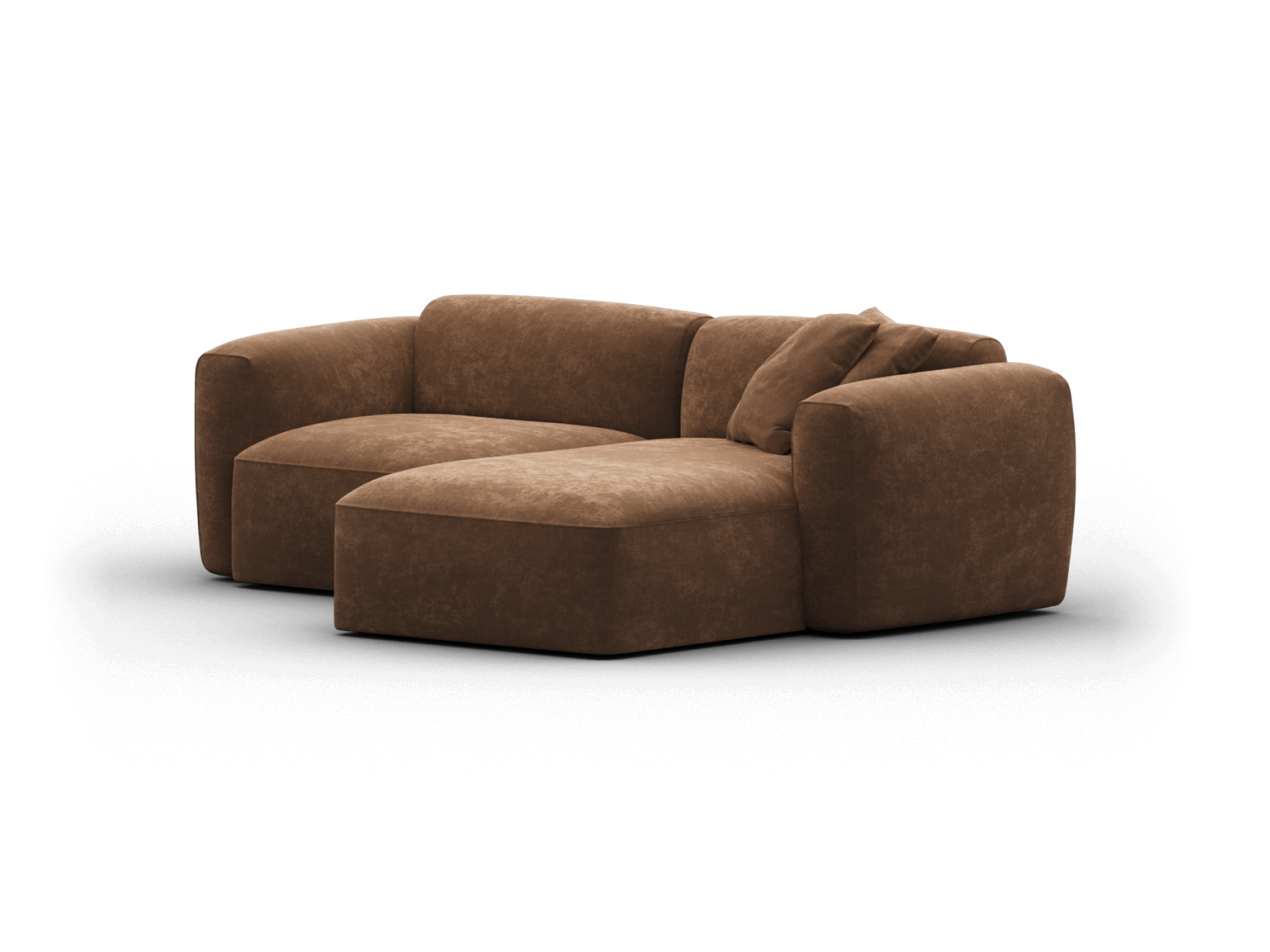 Curved modular sofa in rich brown suede, featuring plush cushions and a sleek, low-profile design. Perfect for a sophisticated living room setting.