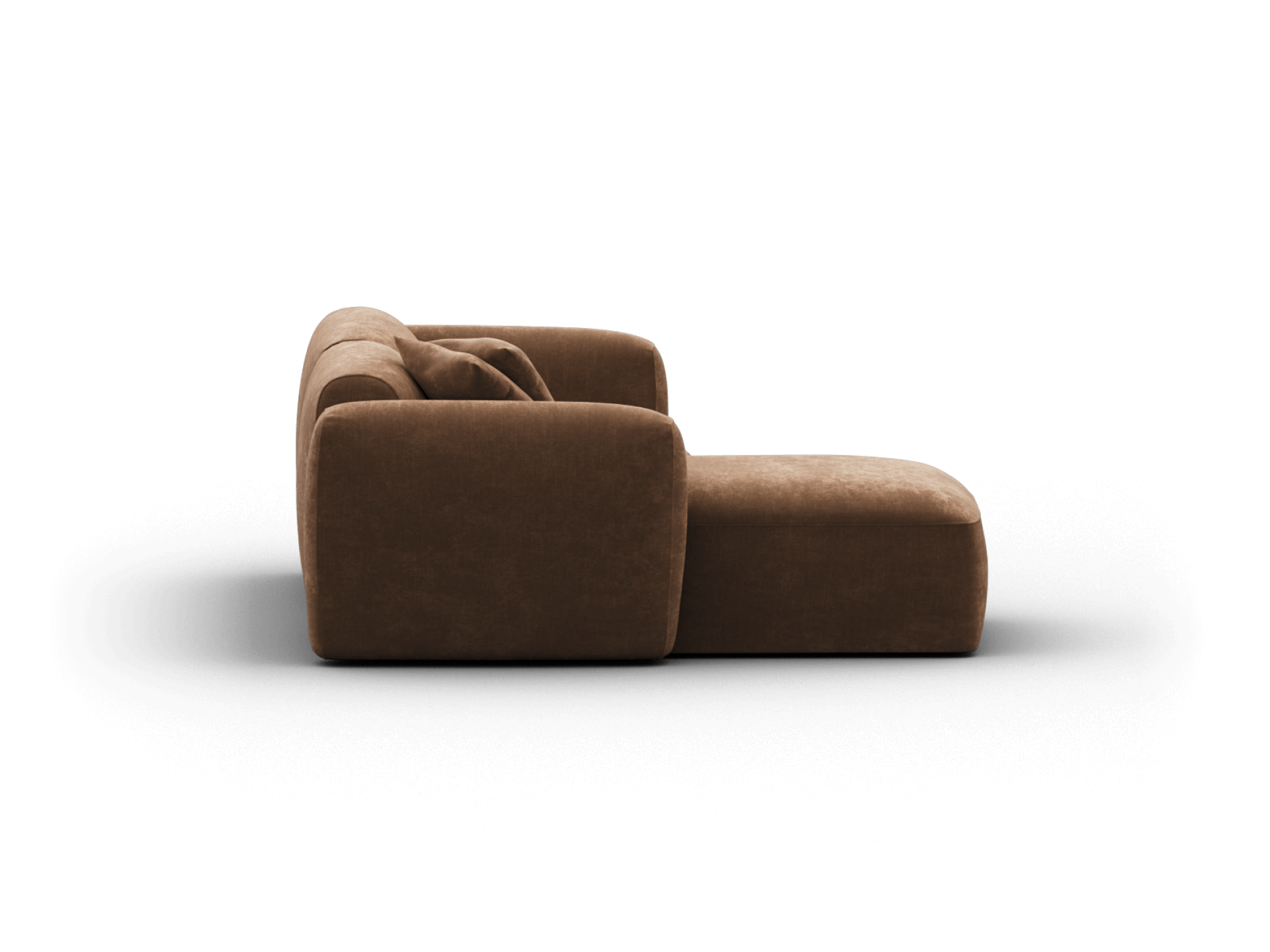 Luxurious brown velvet sectional sofa with plush cushions. Sleek, modern design complements contemporary living spaces, offering comfort and style.