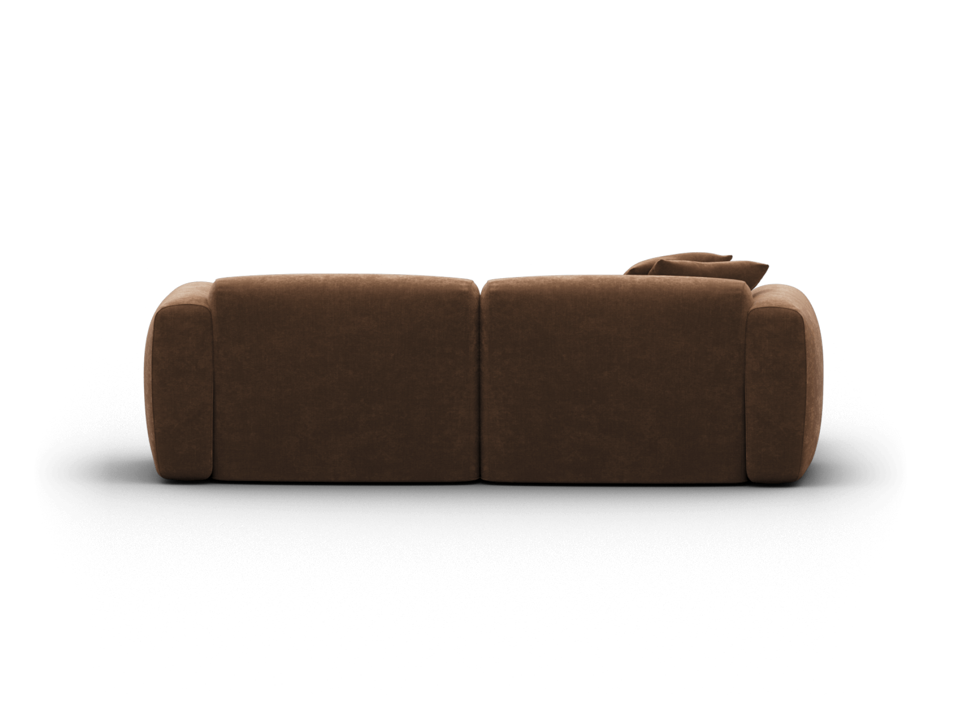 Luxurious brown velvet sofa with a sleek, minimalist design, emphasising plush, rounded armrests. Perfect for modern living spaces.