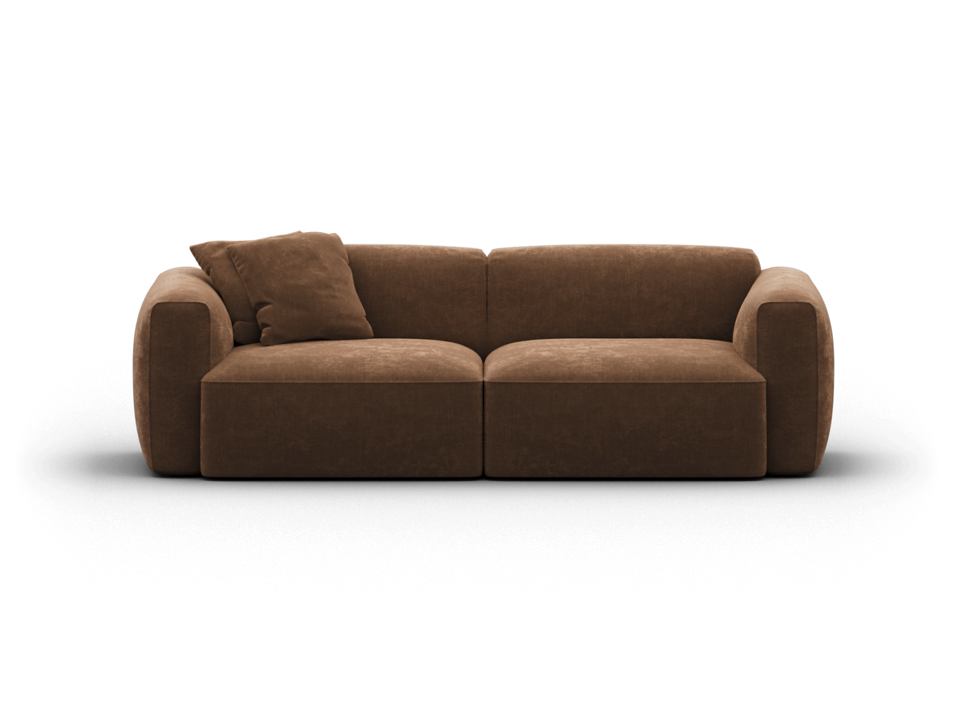 Luxurious brown fabric sofa with plush cushions, featuring a modern block silhouette. Perfect for contemporary living spaces, offering comfort and style.