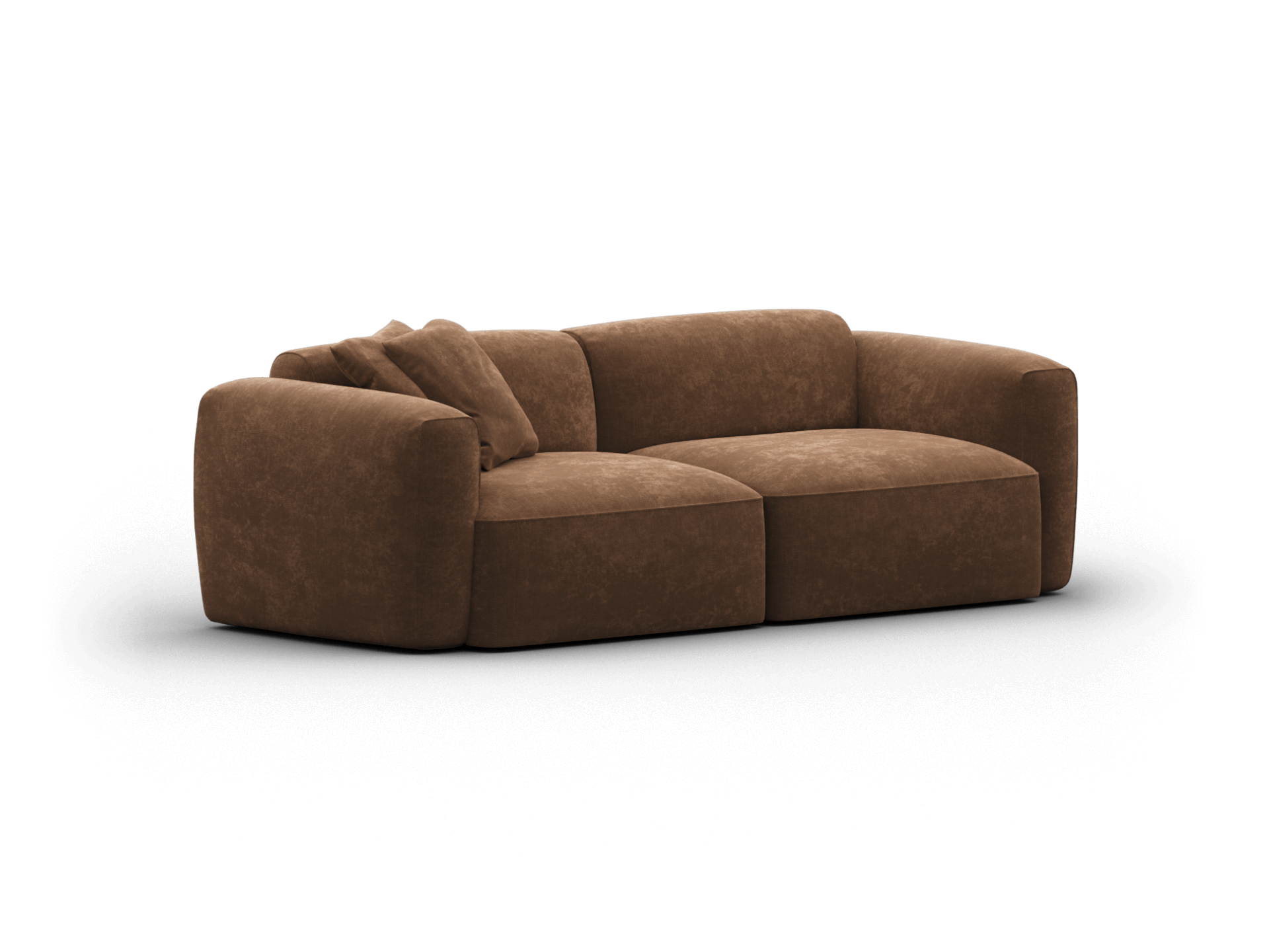 Luxurious brown suede sofa with plush, rounded cushions, featuring a modular design. Set in an elegant, contemporary living space.