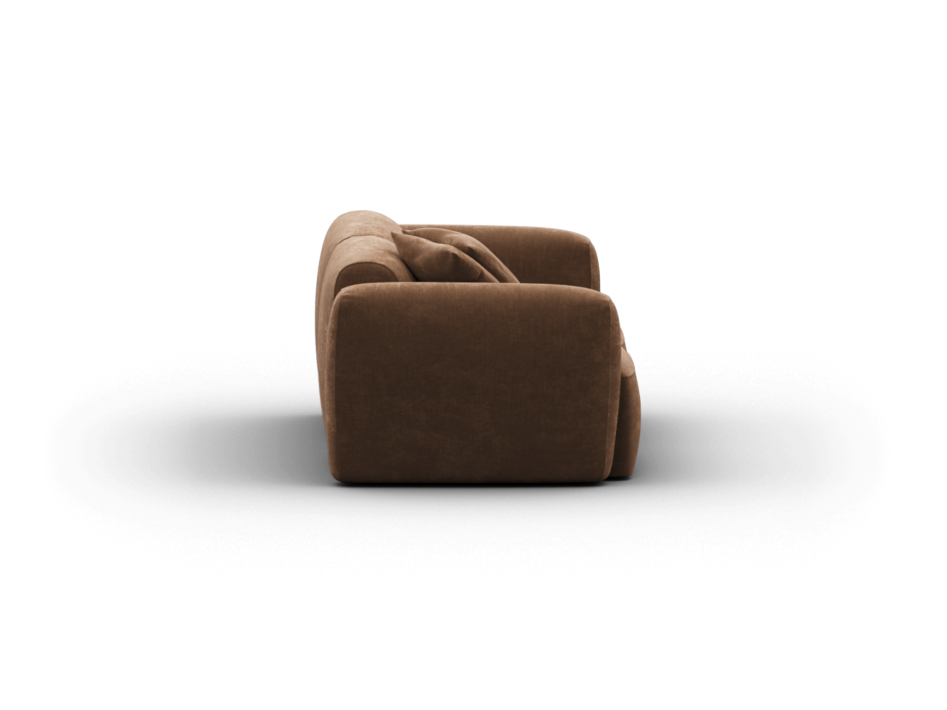 Luxurious brown velvet sofa with plush cushioning, block shape, and sleek armrests. Perfect for chic living spaces seeking comfort and elegance.