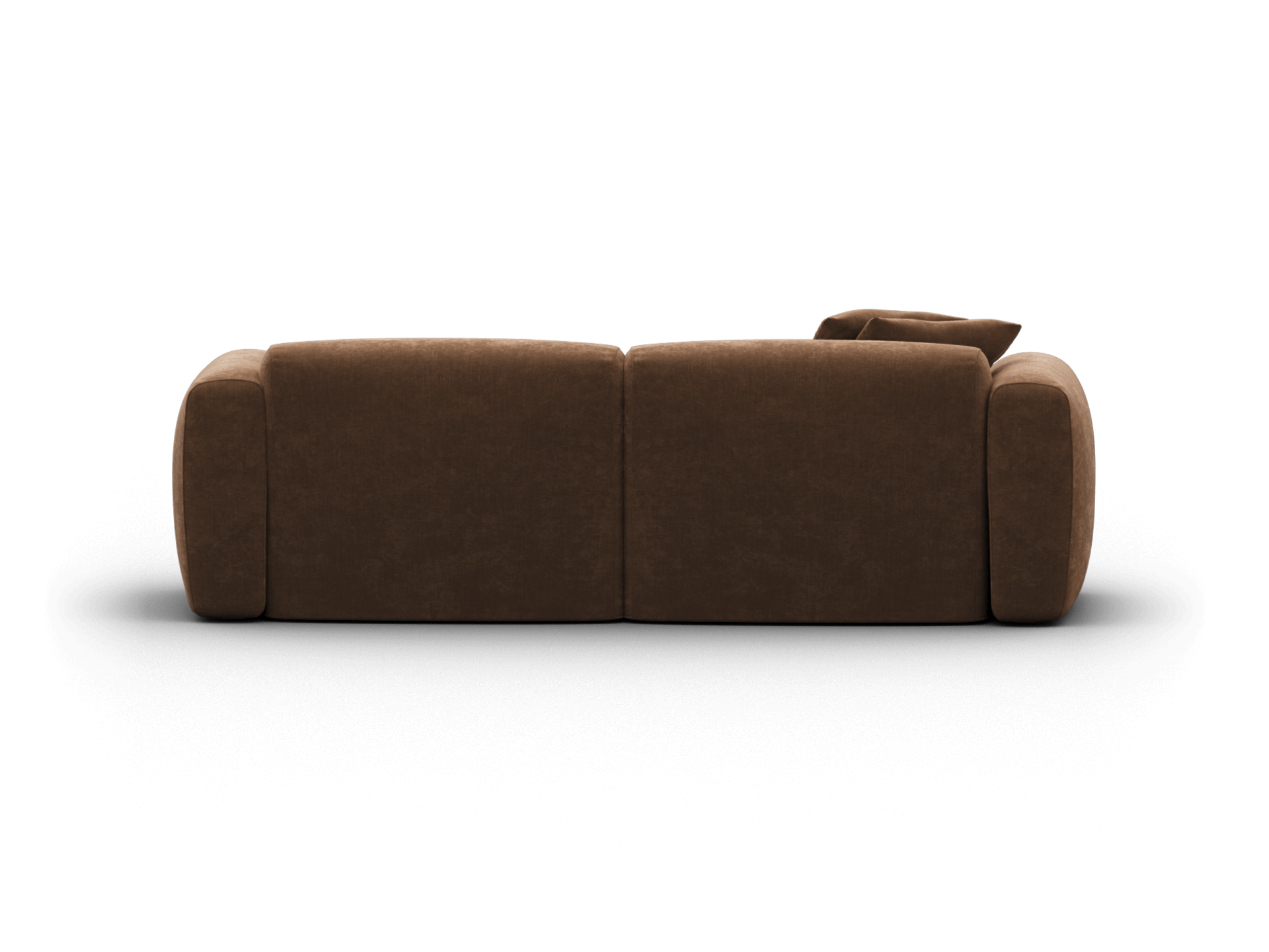 Luxurious brown velvet sofa with rounded armrests and modular design. Perfect for a chic living room setting, offering comfort and elegant style.
