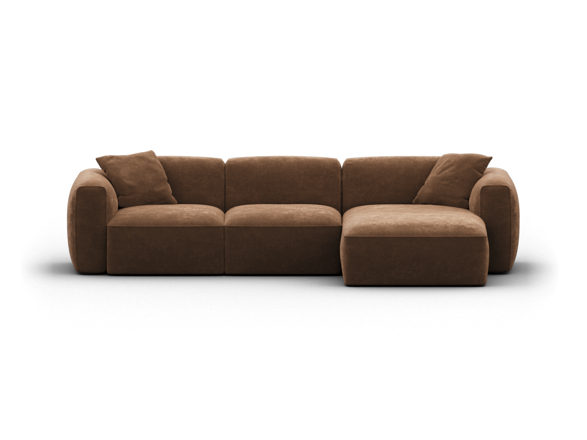 Luxurious brown sectional sofa with plush fabric upholstery, featuring sleek lines and deep cushions. Perfect centrepiece for a modern living room.