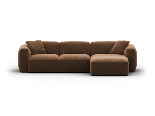 Luxurious brown sectional sofa with plush fabric upholstery, featuring sleek lines and deep cushions. Perfect centrepiece for a modern living room.