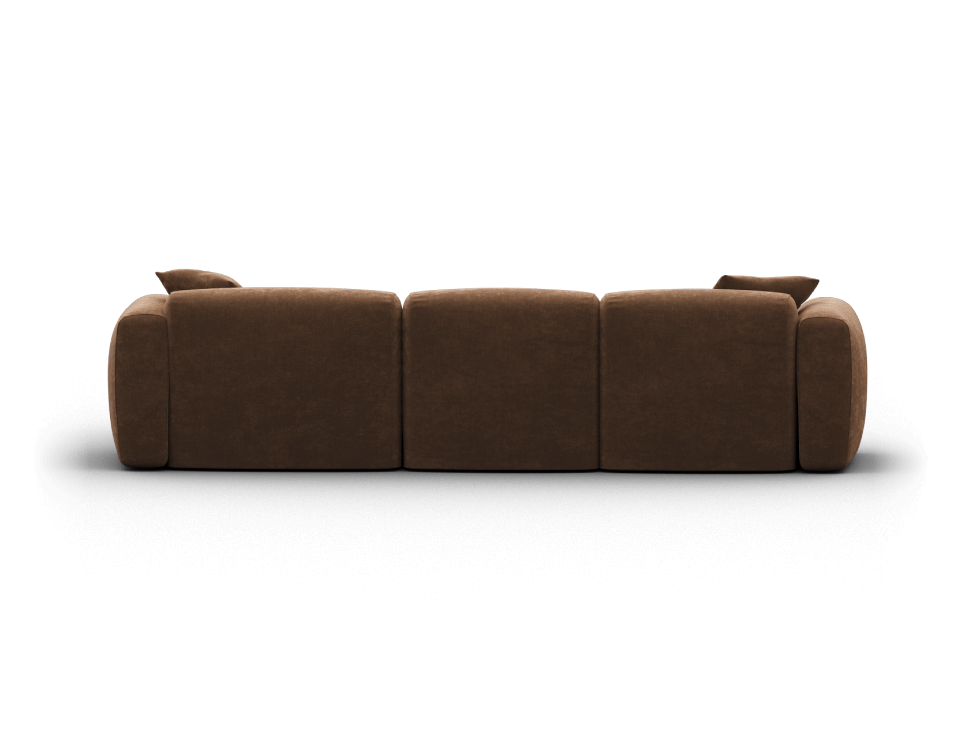 Back view of a luxurious three-seater sofa in rich brown fabric. Plush cushions and sleek, modern design suit upscale living spaces.