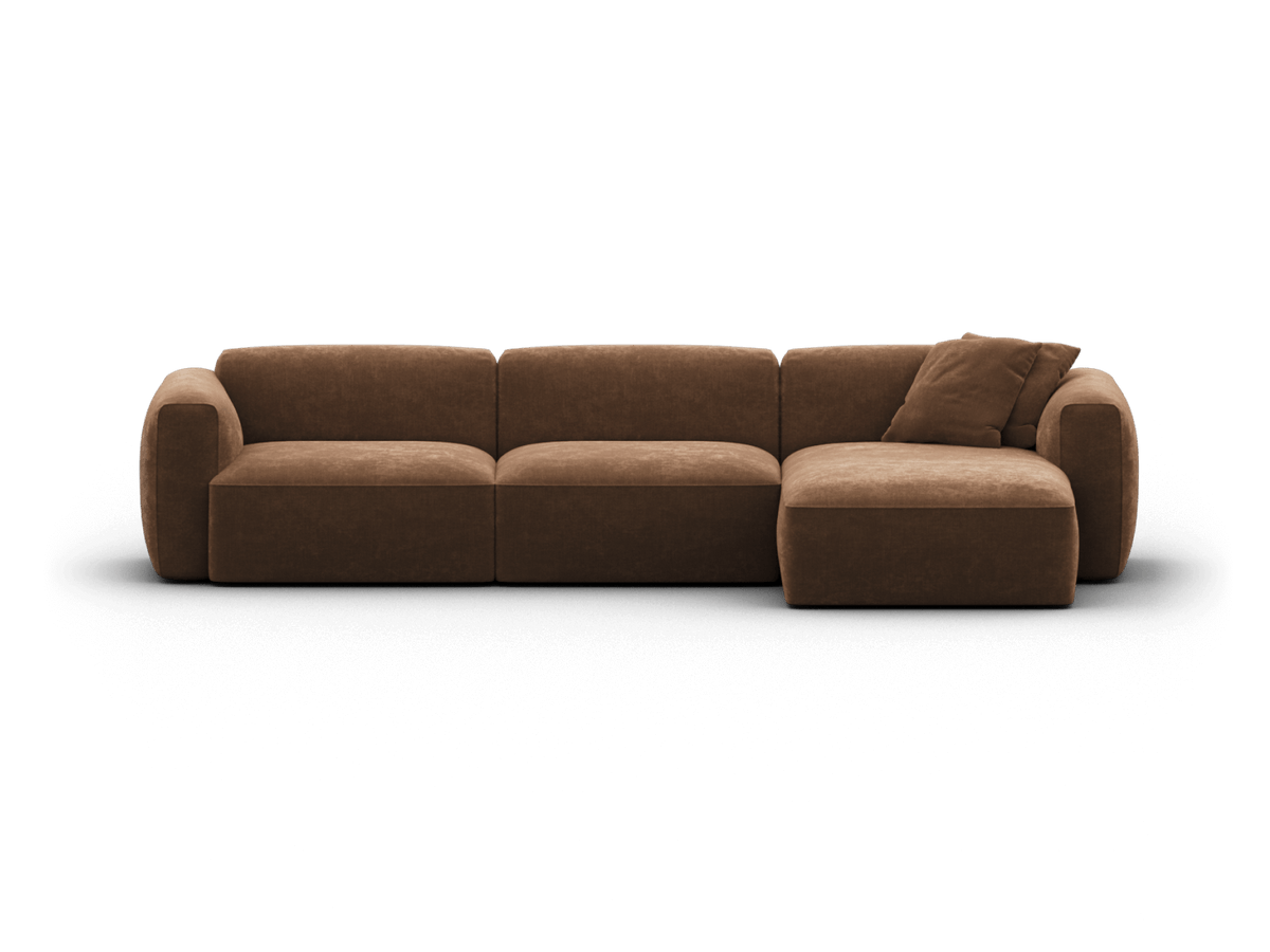 Luxurious brown velvet sectional sofa featuring plush cushions, sleek low-profile design, and a right-hand chaise. Ideal for sophisticated living spaces.