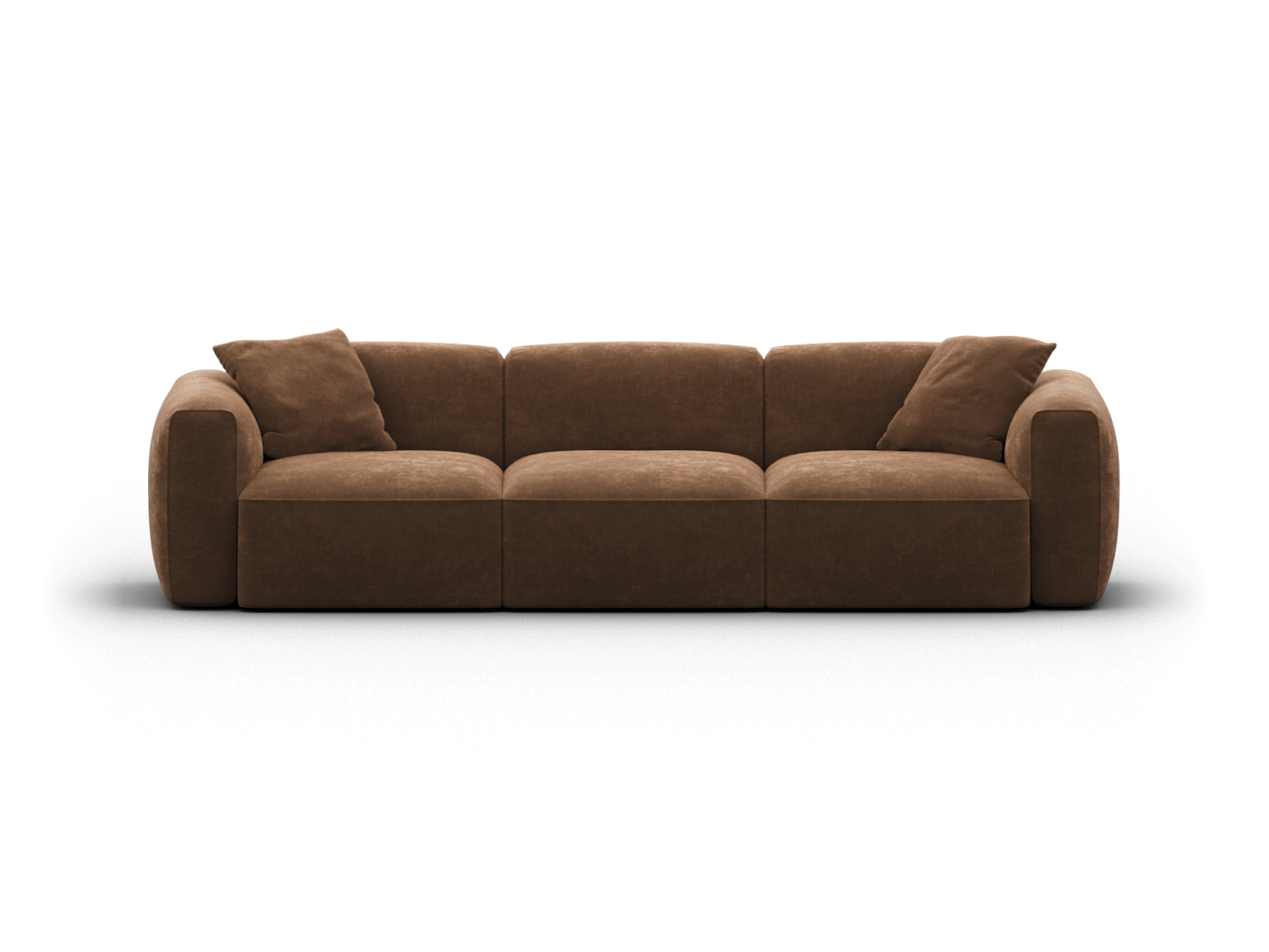 Luxurious brown fabric sofa with a minimalist design. Featuring plush cushioning, modular sections, and soft armrests. Perfect for elegant living spaces.