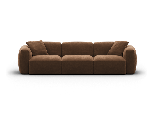 Luxurious brown fabric sofa with a minimalist design. Featuring plush cushioning, modular sections, and soft armrests. Perfect for elegant living spaces.