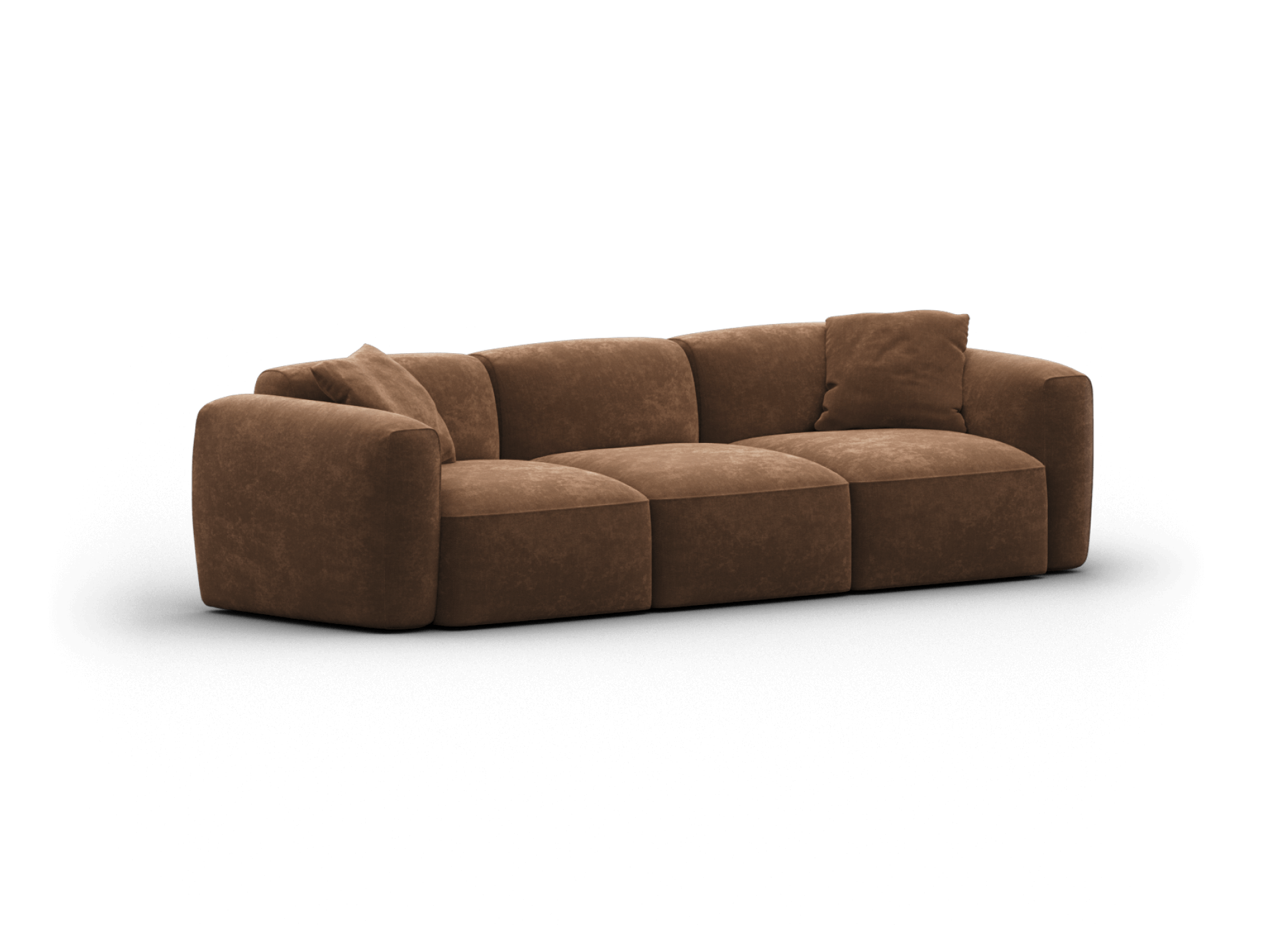 Luxurious brown suede modular sofa with plush cushioning, featuring a modern, curved design. Perfectly suited for sophisticated living spaces.
