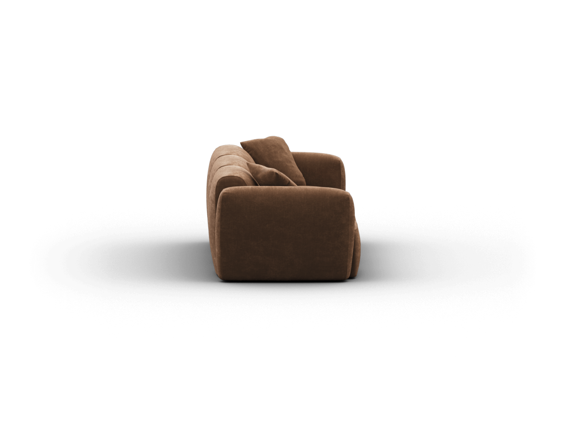 Elevate your space with this plush brown velvet sofa. Featuring a minimalist silhouette and deep cushioning, perfect for a modern living room setting.