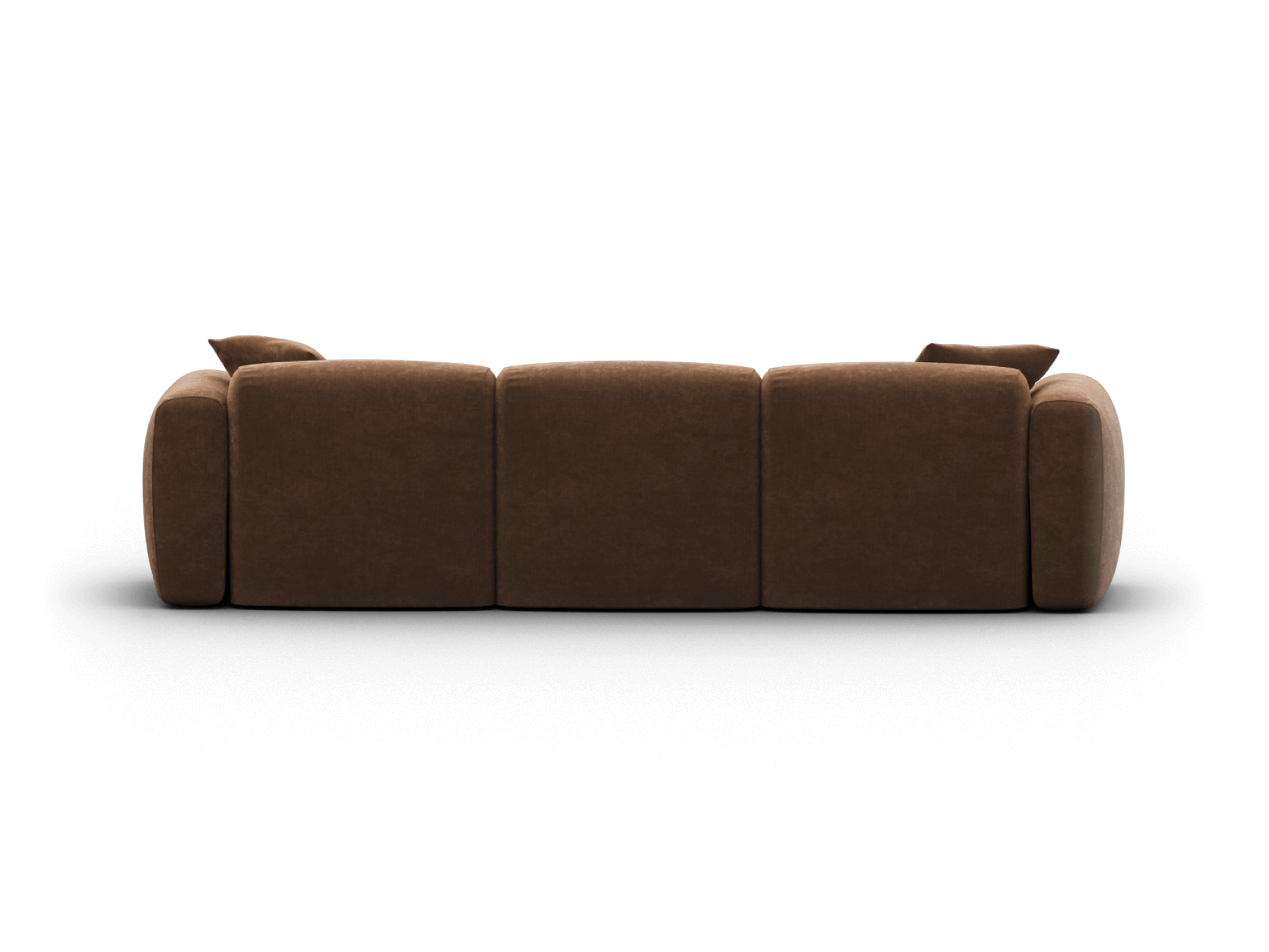 Brown fabric modular sofa with plush cushions and a sleek design, featuring broad armrests. Perfect for a contemporary living space.