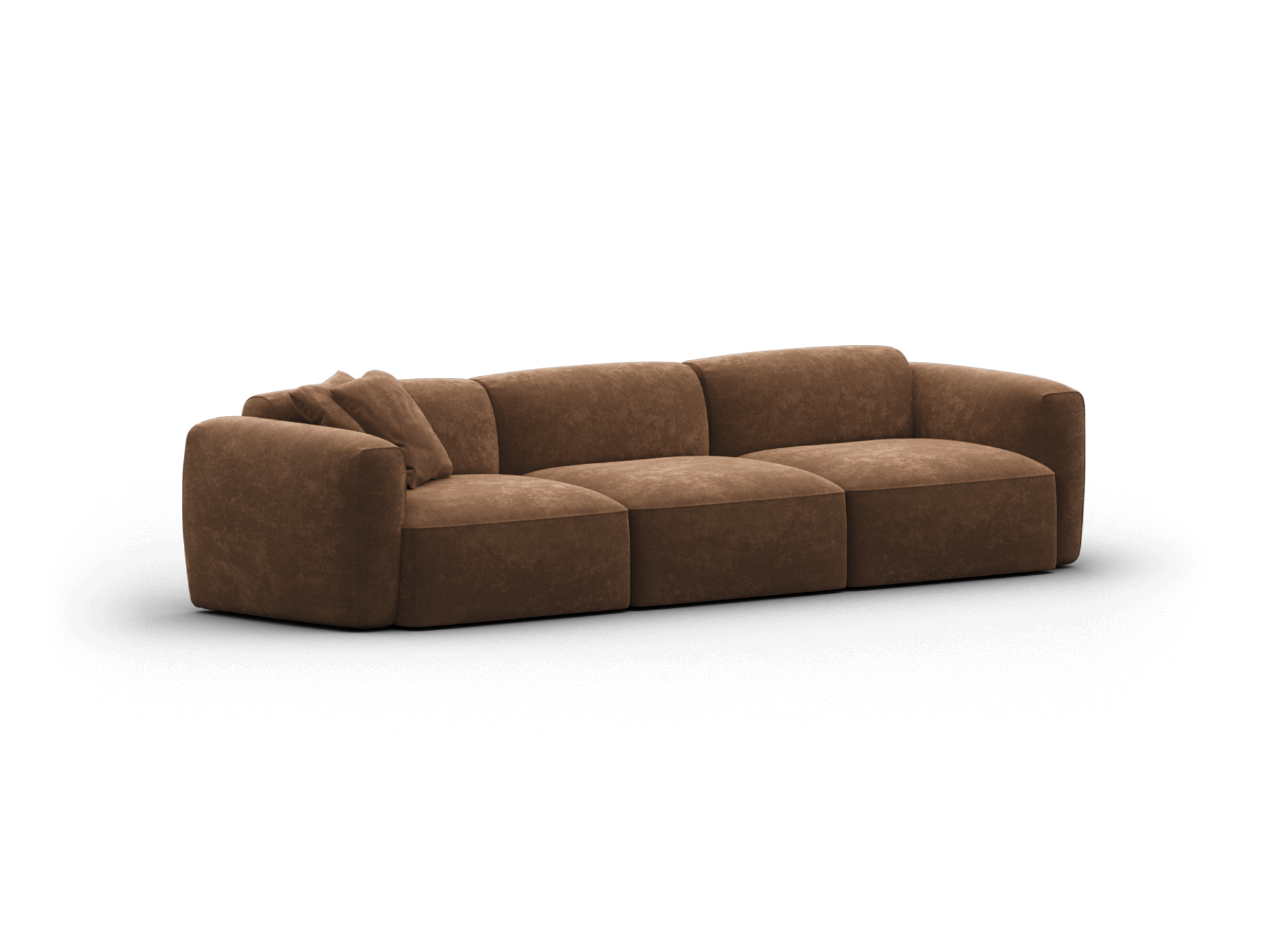 Luxurious modular sofa in rich brown suede. Features deep cushions and plush armrests. Perfect for contemporary living spaces seeking comfort and style.