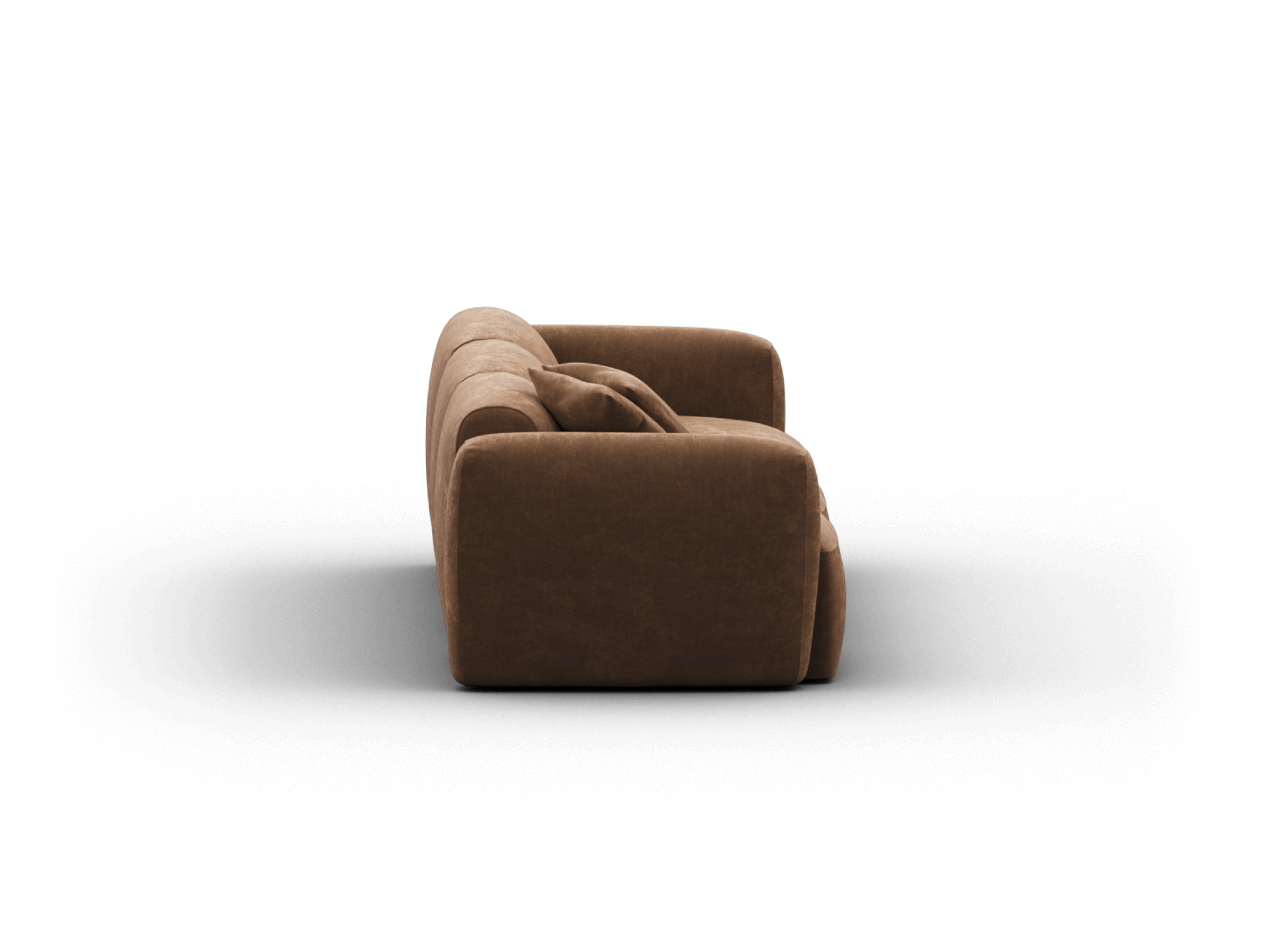 Premium brown velvet sofa with plush cushions, featuring a sleek, modern silhouette. The sofa's robust design complements luxury living room settings.