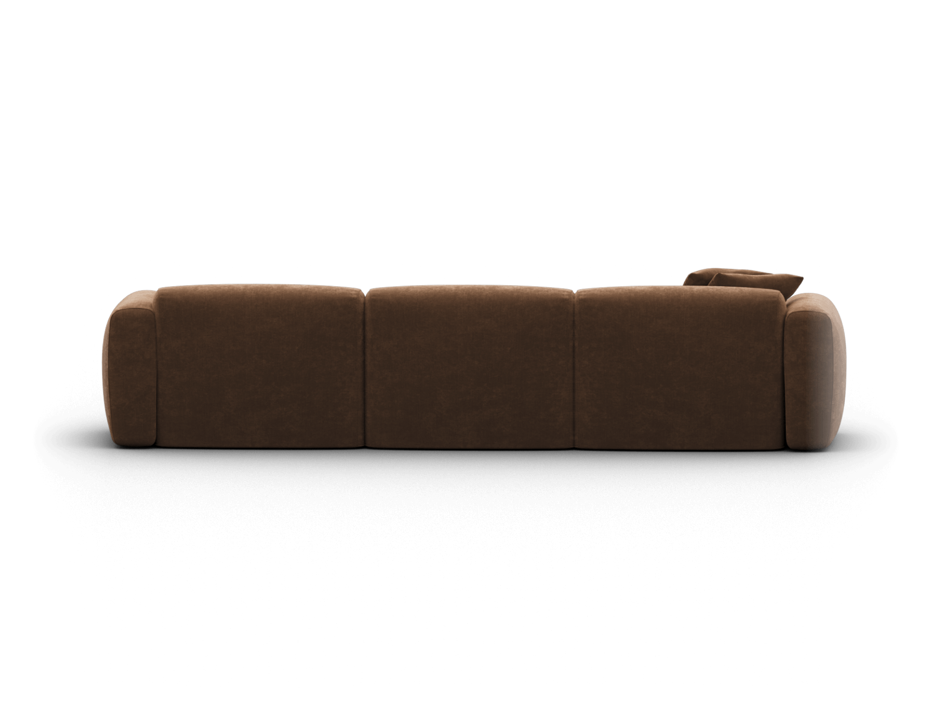 Brown velvet modular sofa, featuring plush cushions and sleek lines, ideal for a sophisticated living room setting.