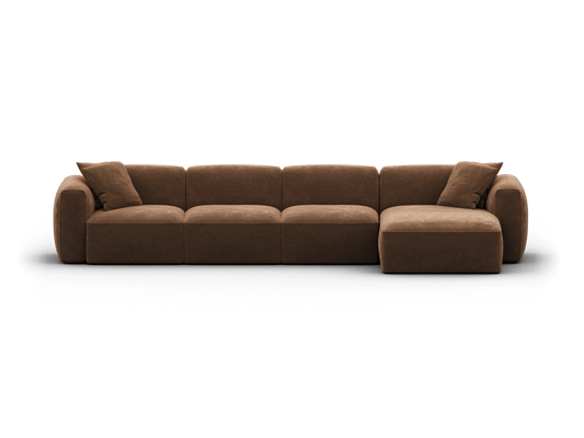 Luxurious modular sectional sofa in rich brown suede, featuring a chaise lounge. Plush cushions offer deep comfort. Sleek design ideal for modern living spaces.