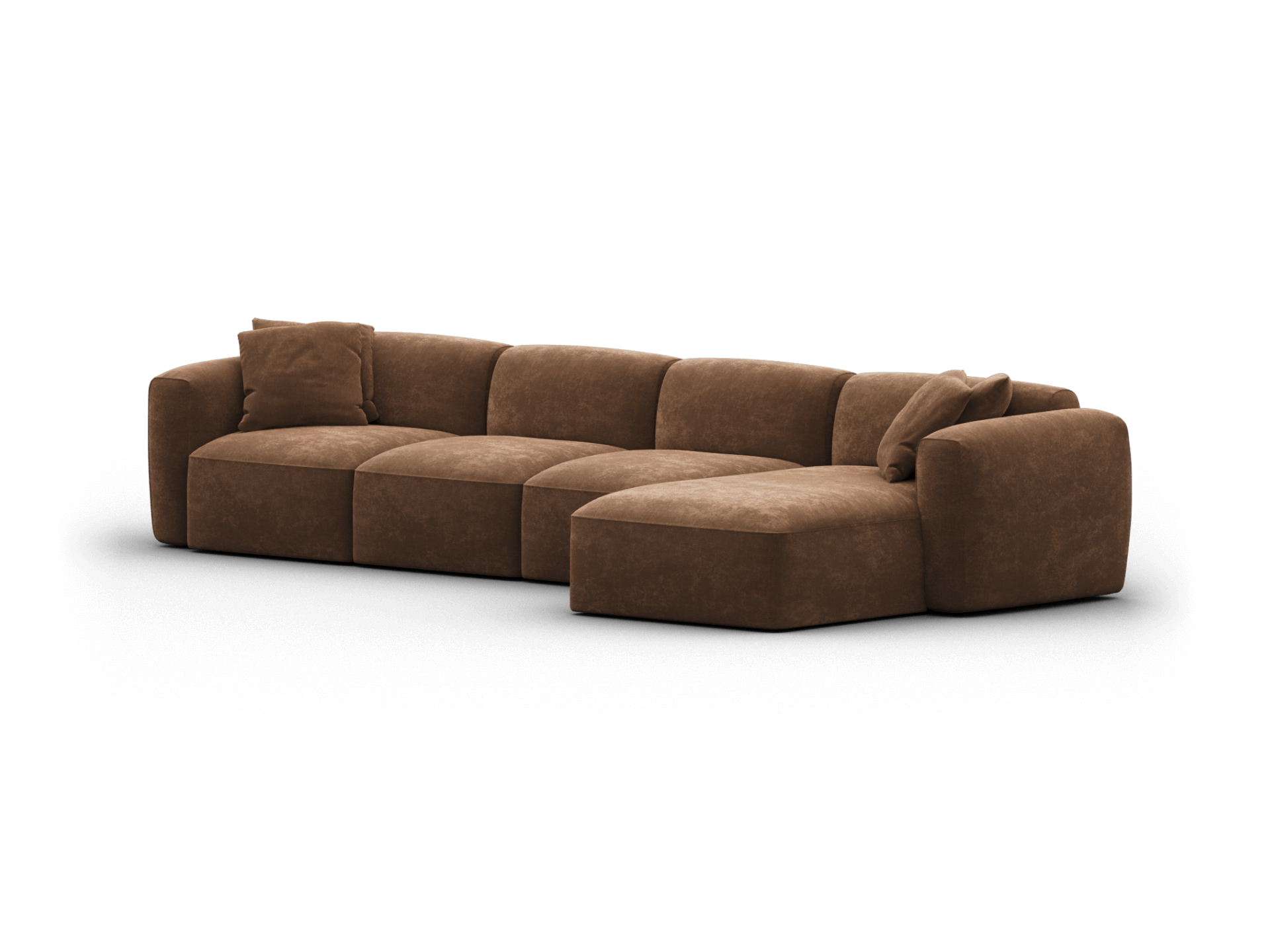 Elegant brown modular sectional sofa in plush suede. Features deep seating, wide armrests, and a chaise lounge, perfect for a contemporary living room.