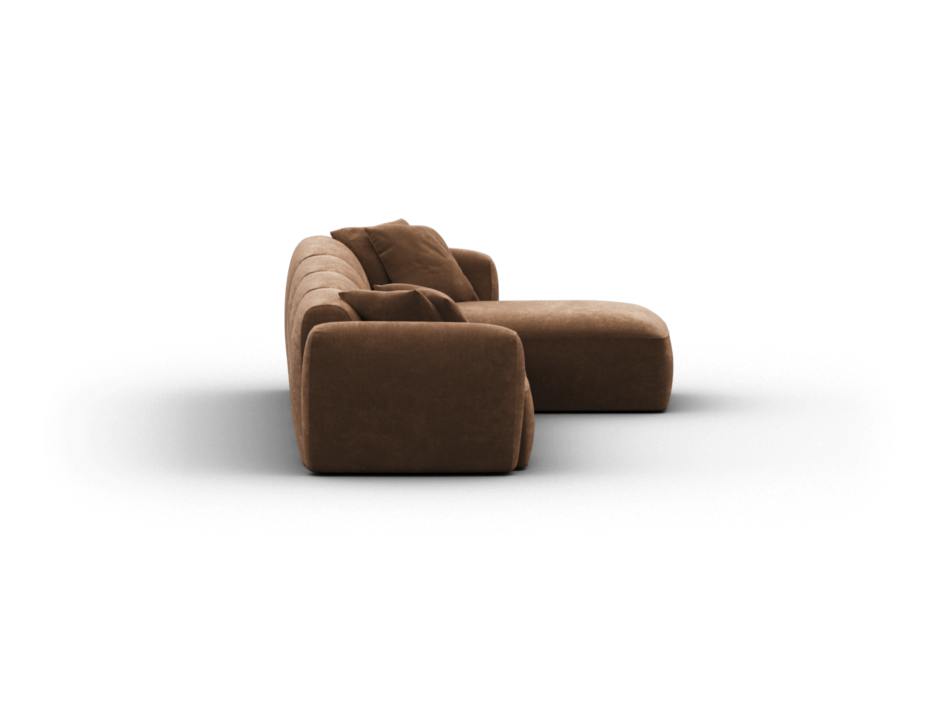 Brown modular sectional sofa in plush fabric with deep seating and rounded edges, set in a minimalist space, exuding a luxurious contemporary vibe.