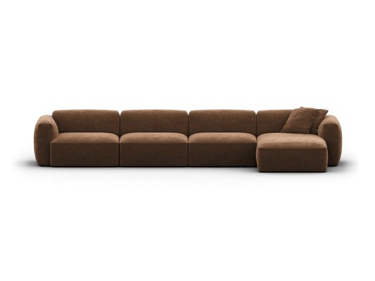 Luxurious modular brown fabric sectional sofa with a plush chaise, showcasing a minimalist design. Perfect for a contemporary living space.