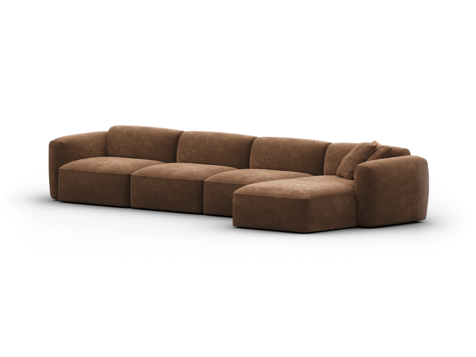 Luxurious brown suede modular sofa with deep cushions, curved back, and a chaise extension, perfect for a spacious modern living room.