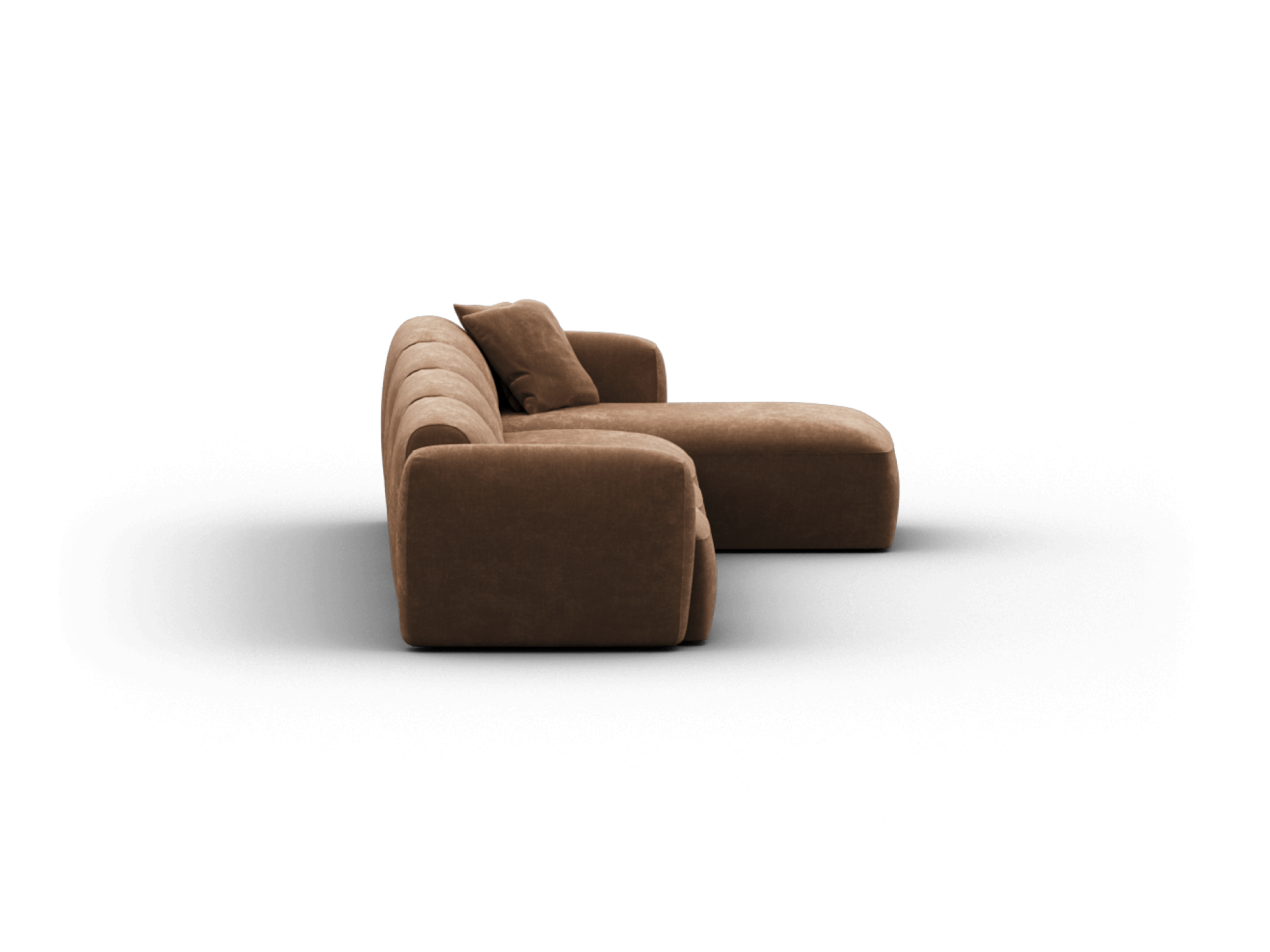Plush brown velvet sectional sofa with a minimalist silhouette, featuring deep cushions and a right-facing chaise, perfect for a sophisticated living room.