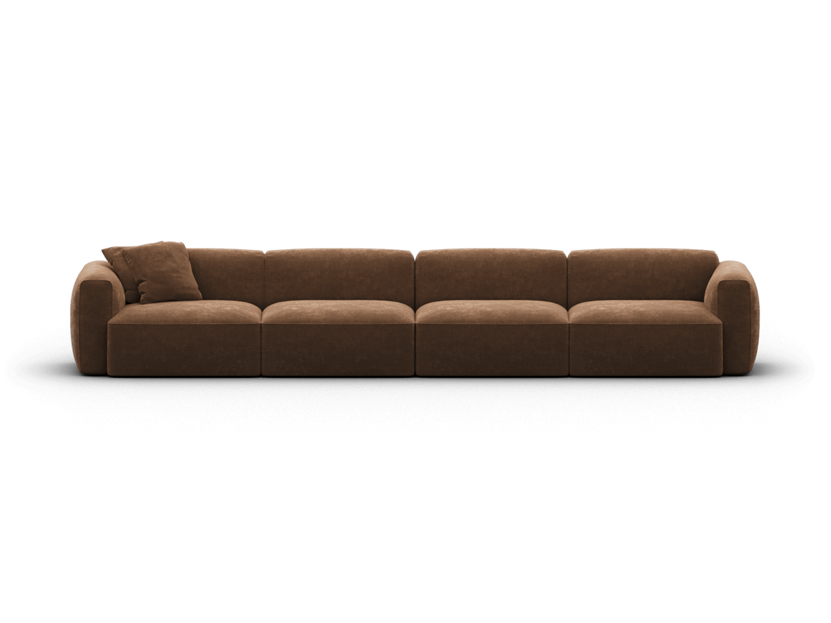 Luxurious modular sofa in rich chocolate brown fabric, featuring plush cushions and clean lines, perfect for contemporary living spaces.