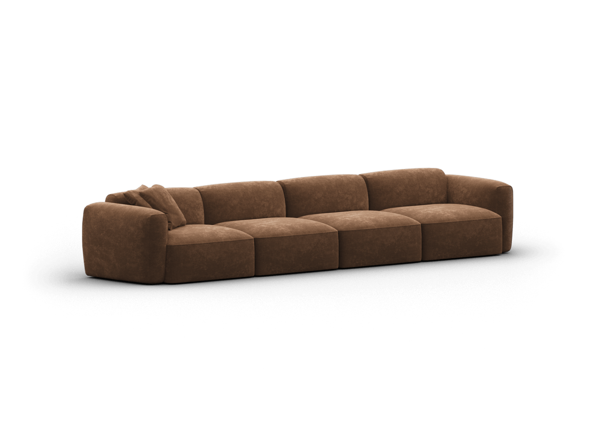 Luxurious brown velvet modular sofa featuring plush, oversized cushions with streamlined curves, perfect for a sophisticated living room setting.