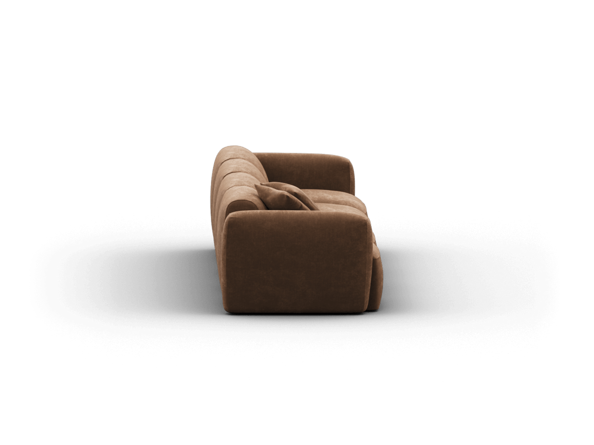 Luxurious brown velvet sofa, plush cushioning, streamlined silhouette. Perfect for a stylish lounge, exuding sophistication and modern elegance.