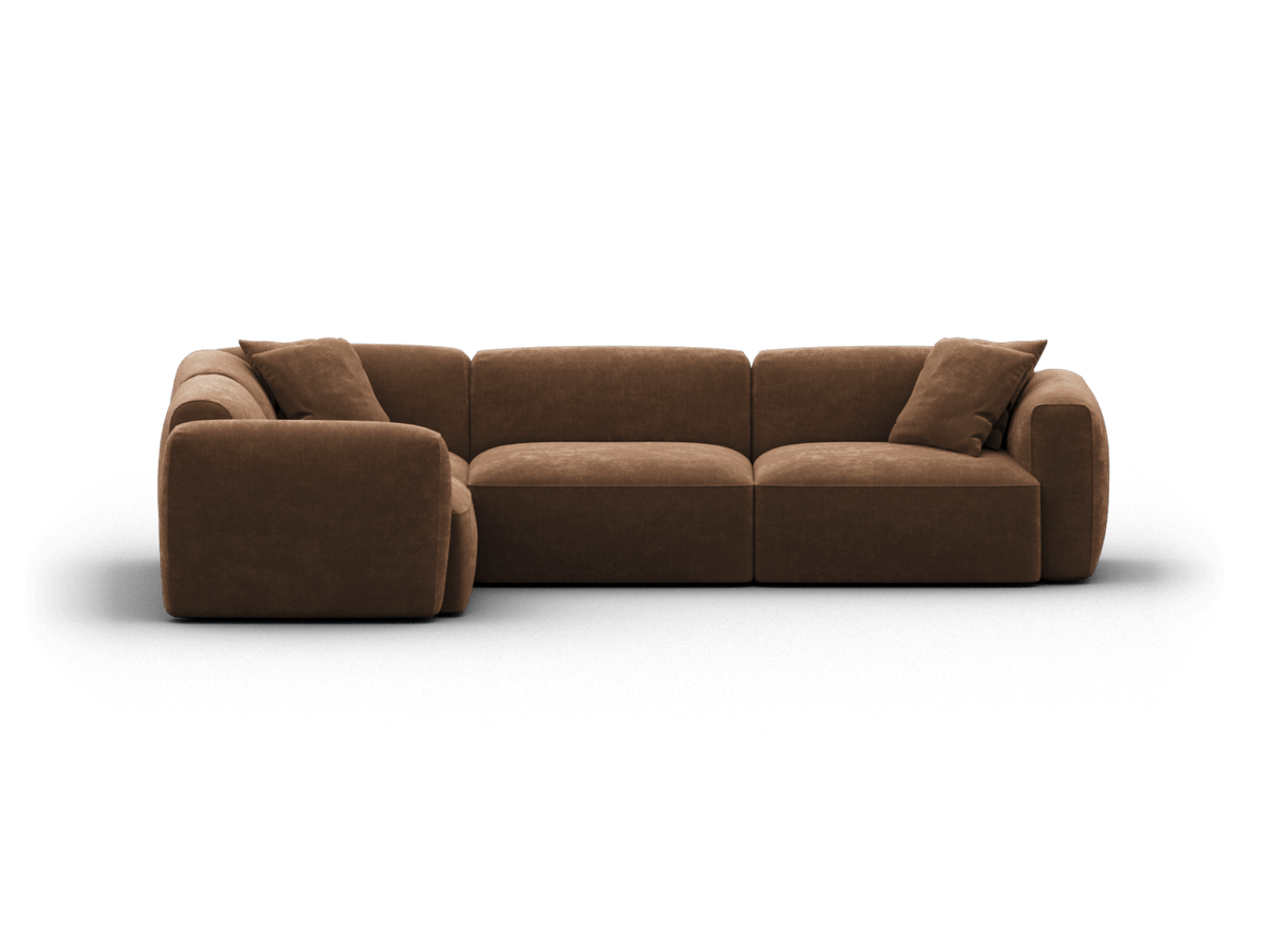 Luxurious brown velvet sectional sofa with plush cushions, featuring a sleek, low-profile design. Ideal for contemporary living spaces.