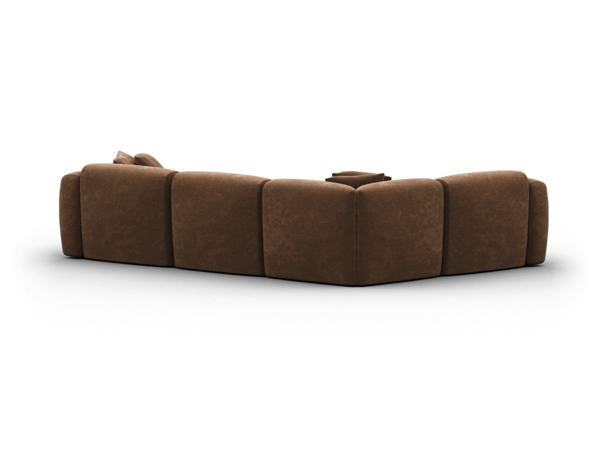 Luxurious brown suede modular sectional sofa with plush cushions, perfect for spacious modern living rooms. Premium comfort meets sleek design.