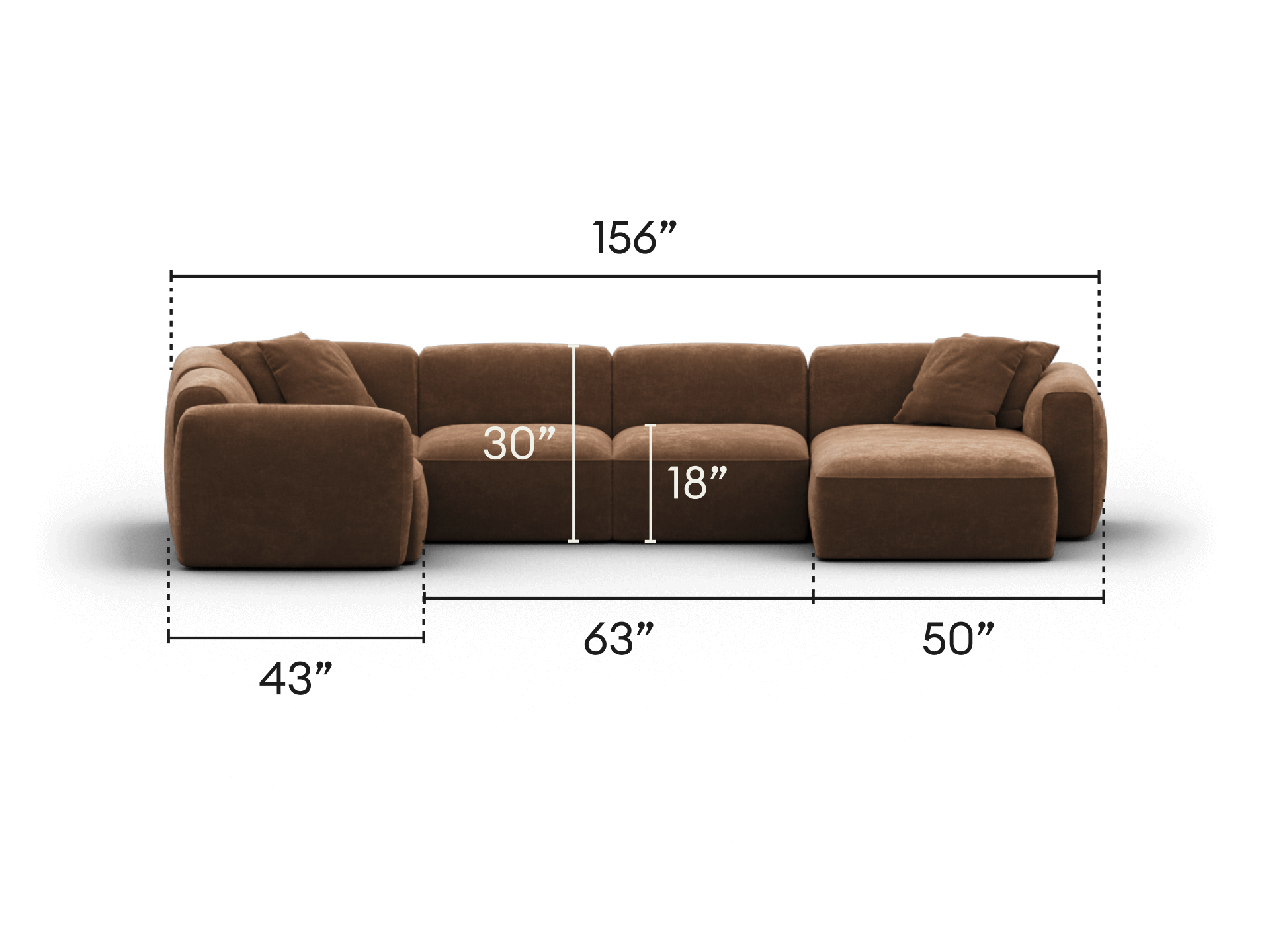 Luxurious brown sectional sofa upholstered in plush velvet. Features deep seating, modular design, and soft curves. Perfect for a sophisticated lounge setting.