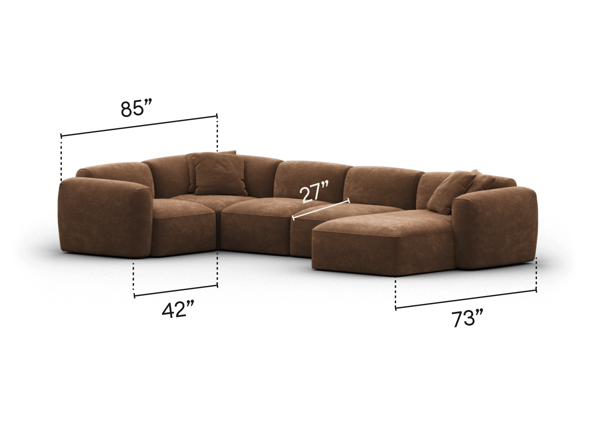 Luxurious modular sectional sofa in rich brown fabric with plush, deep seating. Features wide armrests and a chaise end for comfort. Ideal for spacious living rooms.