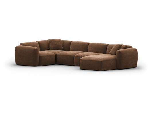 Curved sectional sofa in rich brown suede with deep seating, plush cushioning, and modular design, perfect for a contemporary living room setting.