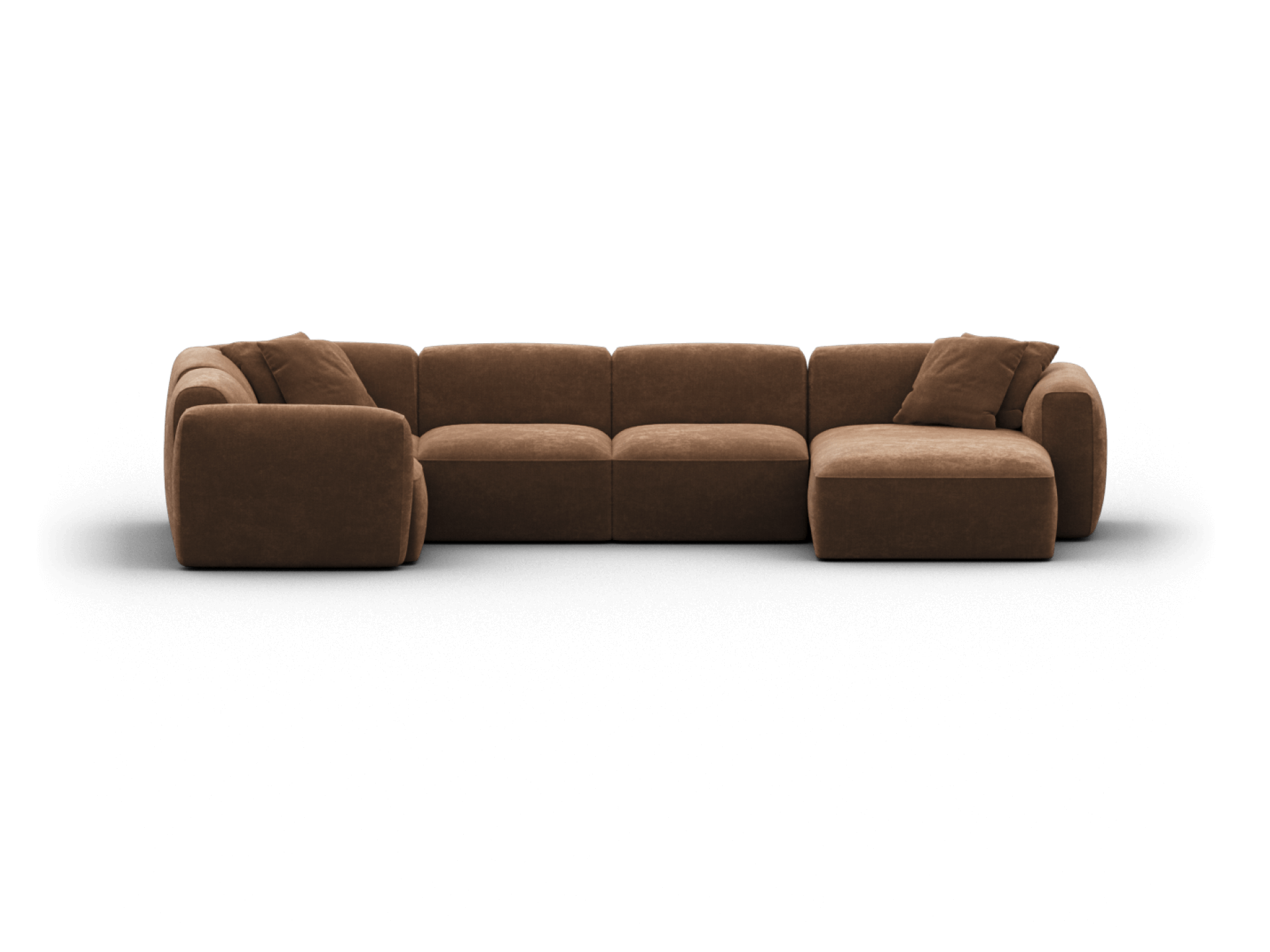 Luxurious brown suede sectional sofa with plush cushions, modular design, and sleek curves, set in a contemporary living space.